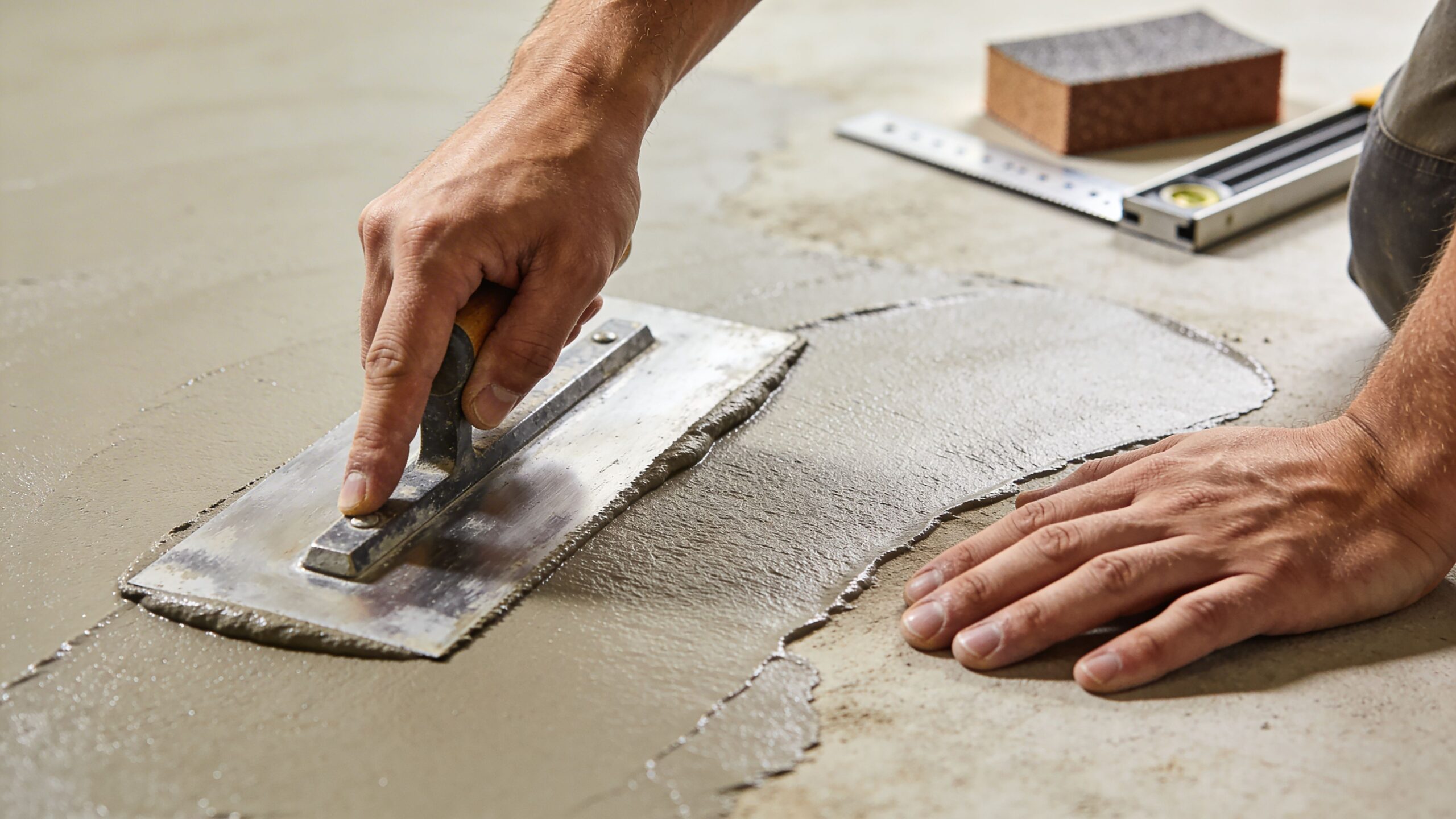 En håndværker glatter omhyggeligt microcement ud på et betongulv ved hjælp af et stål-glittebræt for et jævnt resultat.