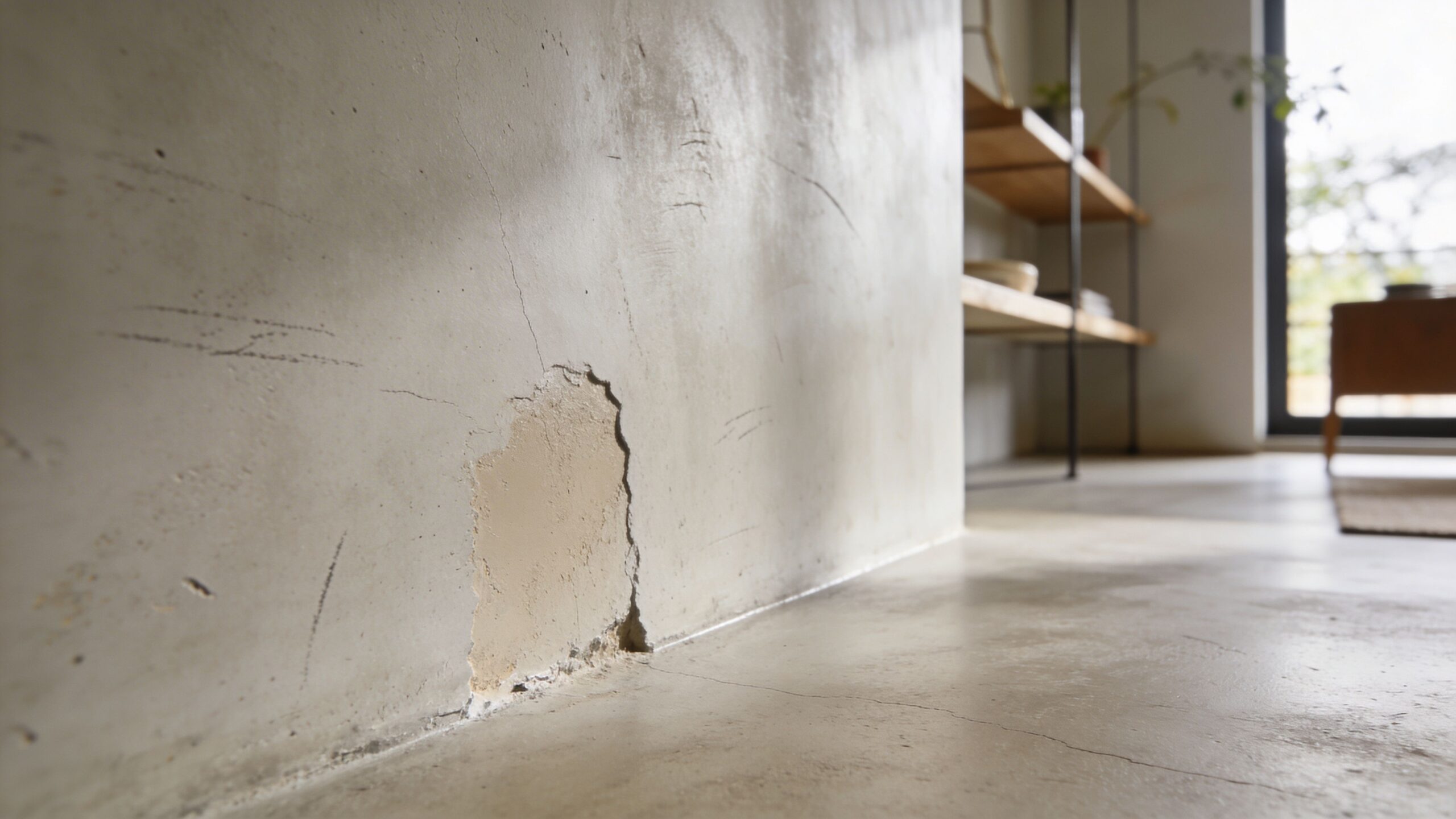 Nærbillede af en væg med microcement, der viser en tydelig revne og skade i overfladen indendørs.