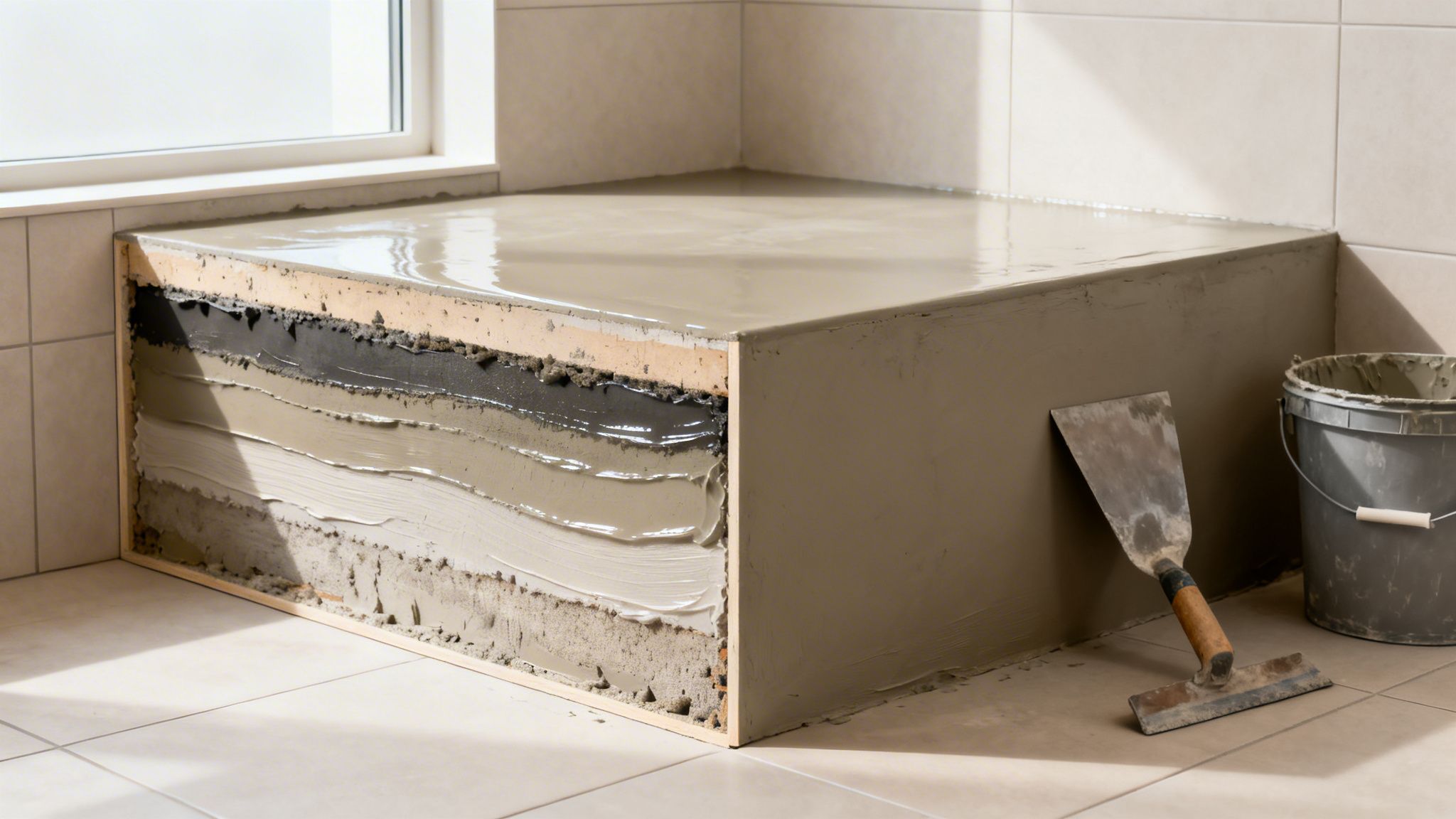 Detaljeret tværsnit af microcementkonstruktion, der viser flere lag af materialer og finish.