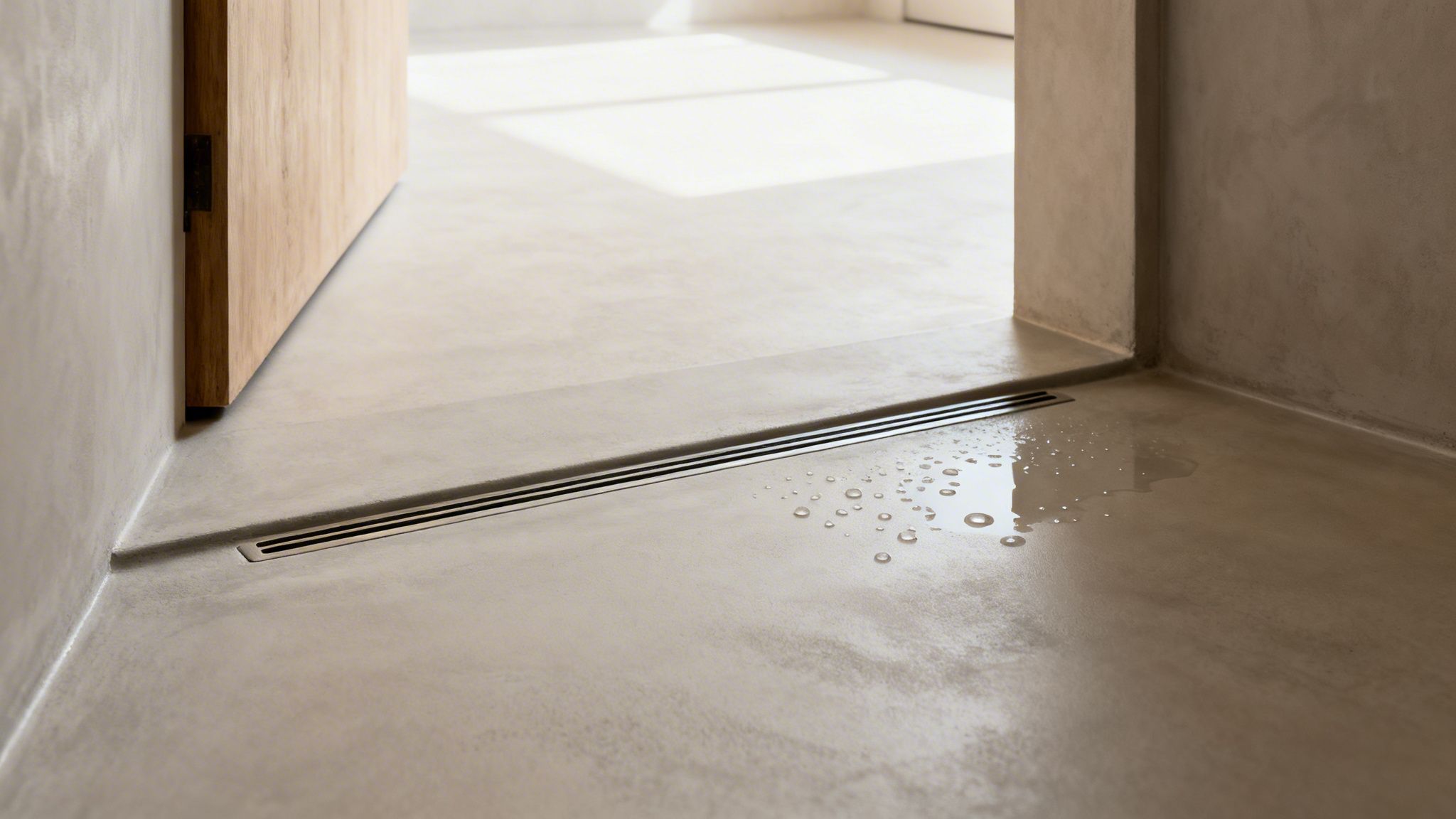 Moderne badeværelse med gråt microcement, åben trædør og elegant afløb på vådt gulv.