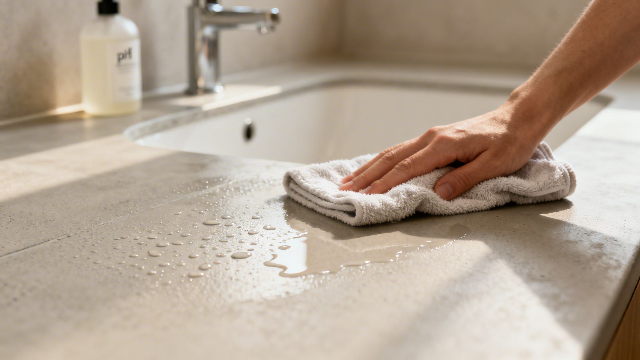 En person tørrer vanddråber af en lysegrå bordplade med et blødt håndklæde ved en vask.
