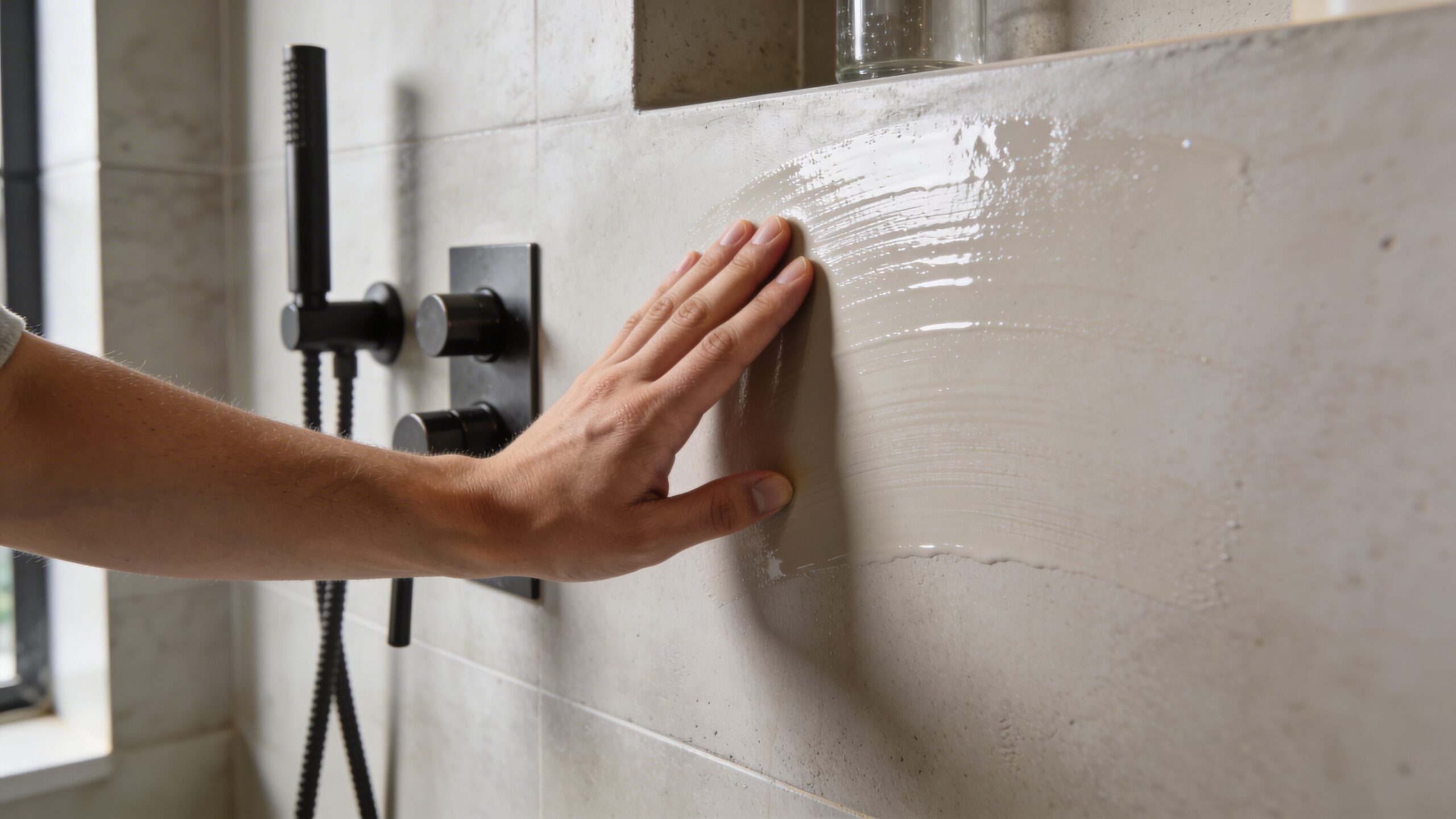 En person påfører microcement på en flisevæg i badeværelset for at skabe en moderne overflade med hænderne.