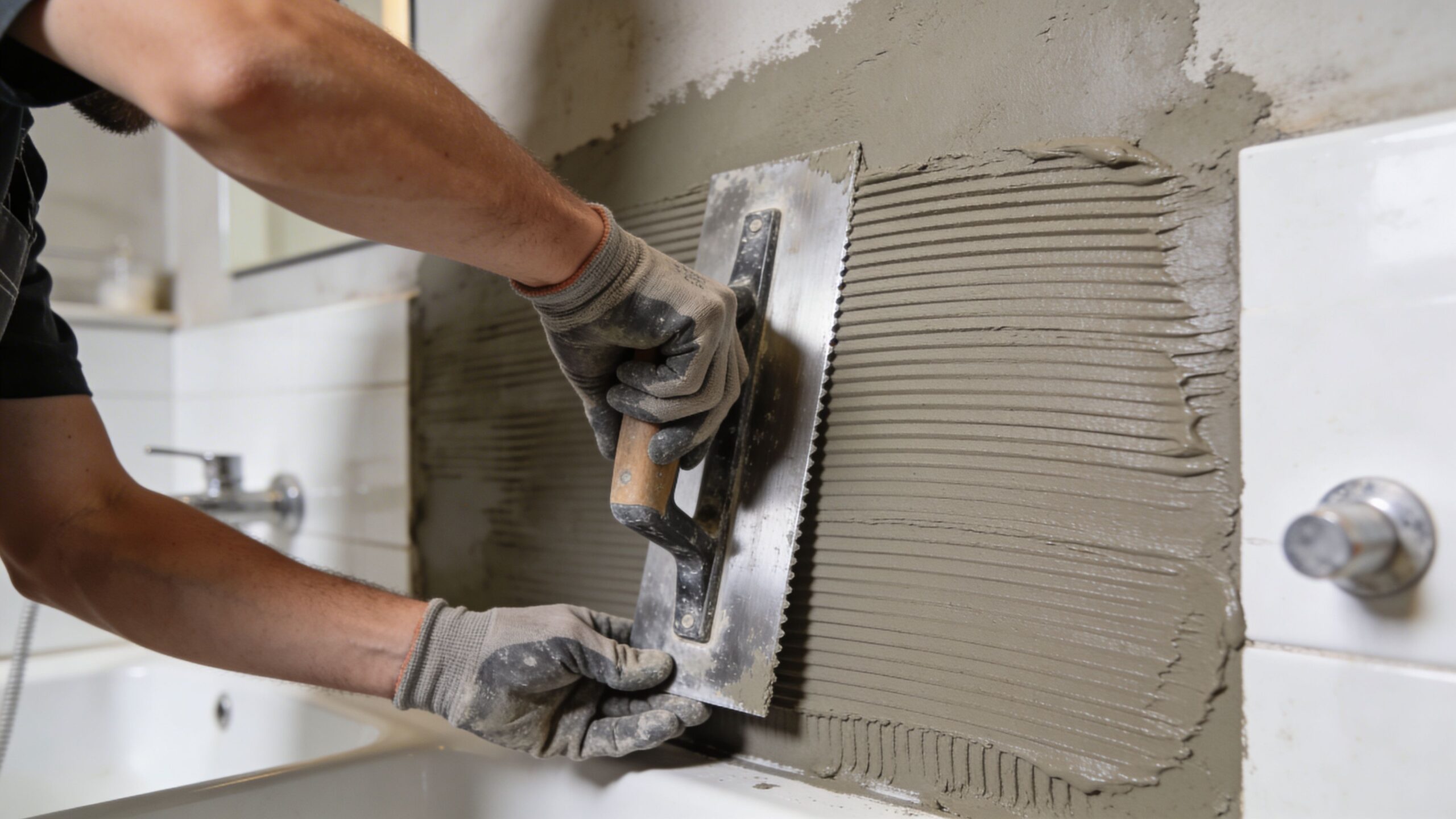 En håndværker påfører fliseklæber på en væg i badeværelset ved hjælp af en tandspartel til fliselægning.