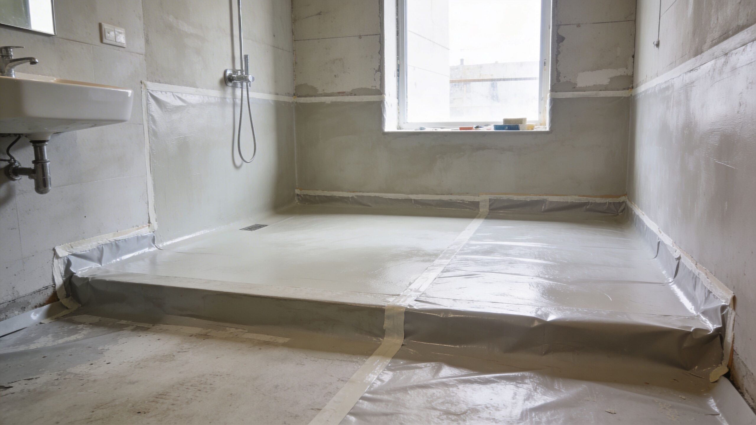 Et badeværelse under renovering med vådrumsmembran på gulv og vægge før flisebelægning af et gør-det-selv projekt.