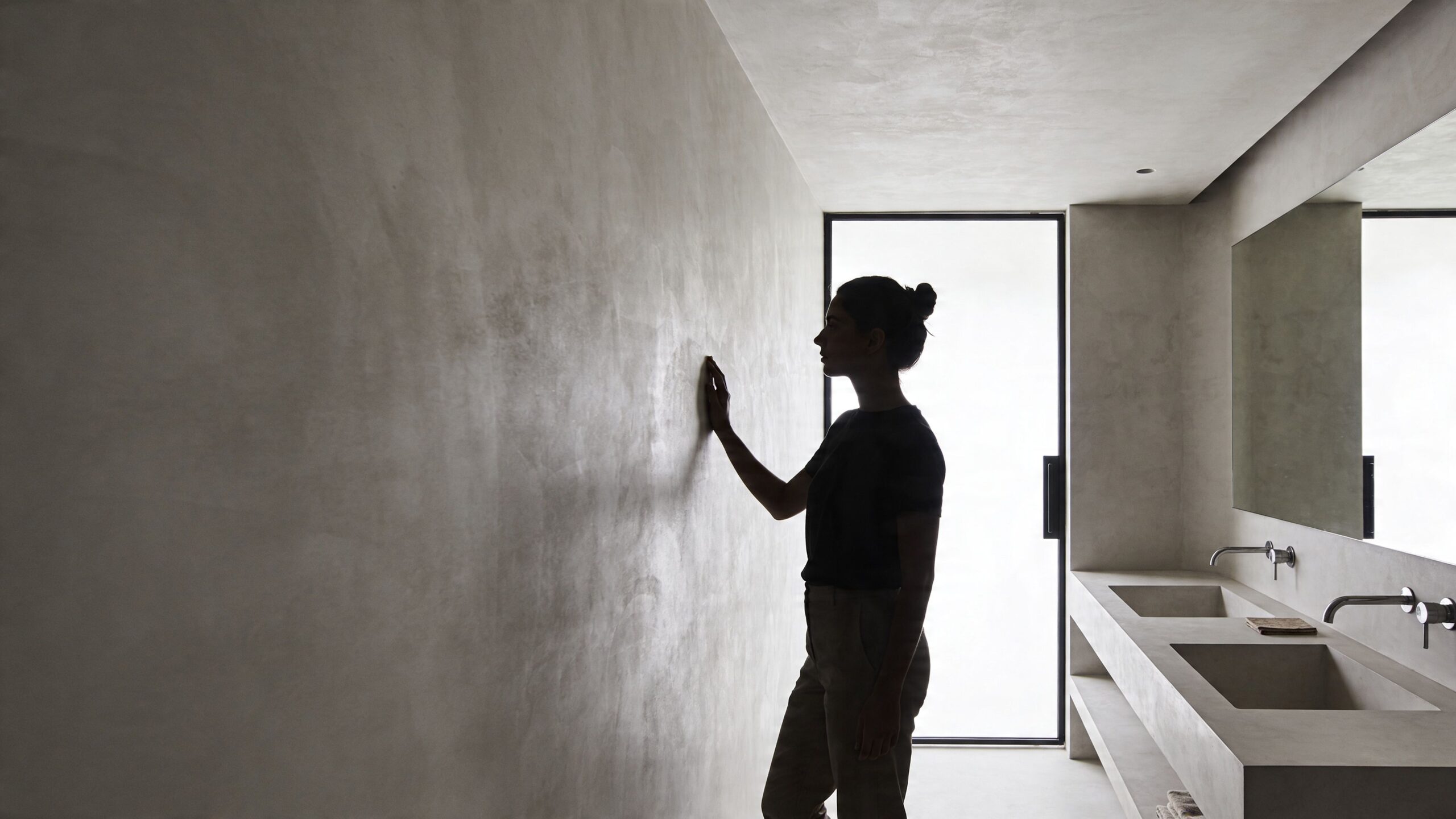 En kvinde rører ved en elegant microcement væg i et moderne, minimalistisk badeværelse med stilrent interiør.