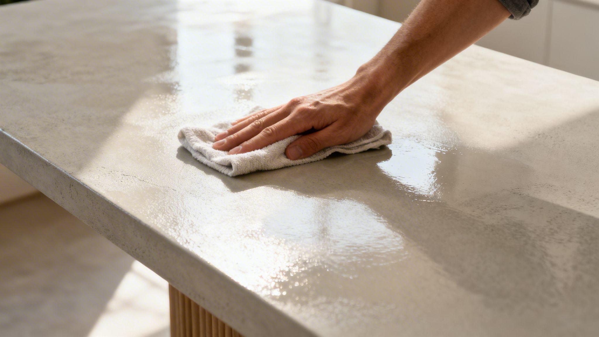 En person tørrer en flot mikrocementbordplade af med en klud for at gøre den ren og fin.