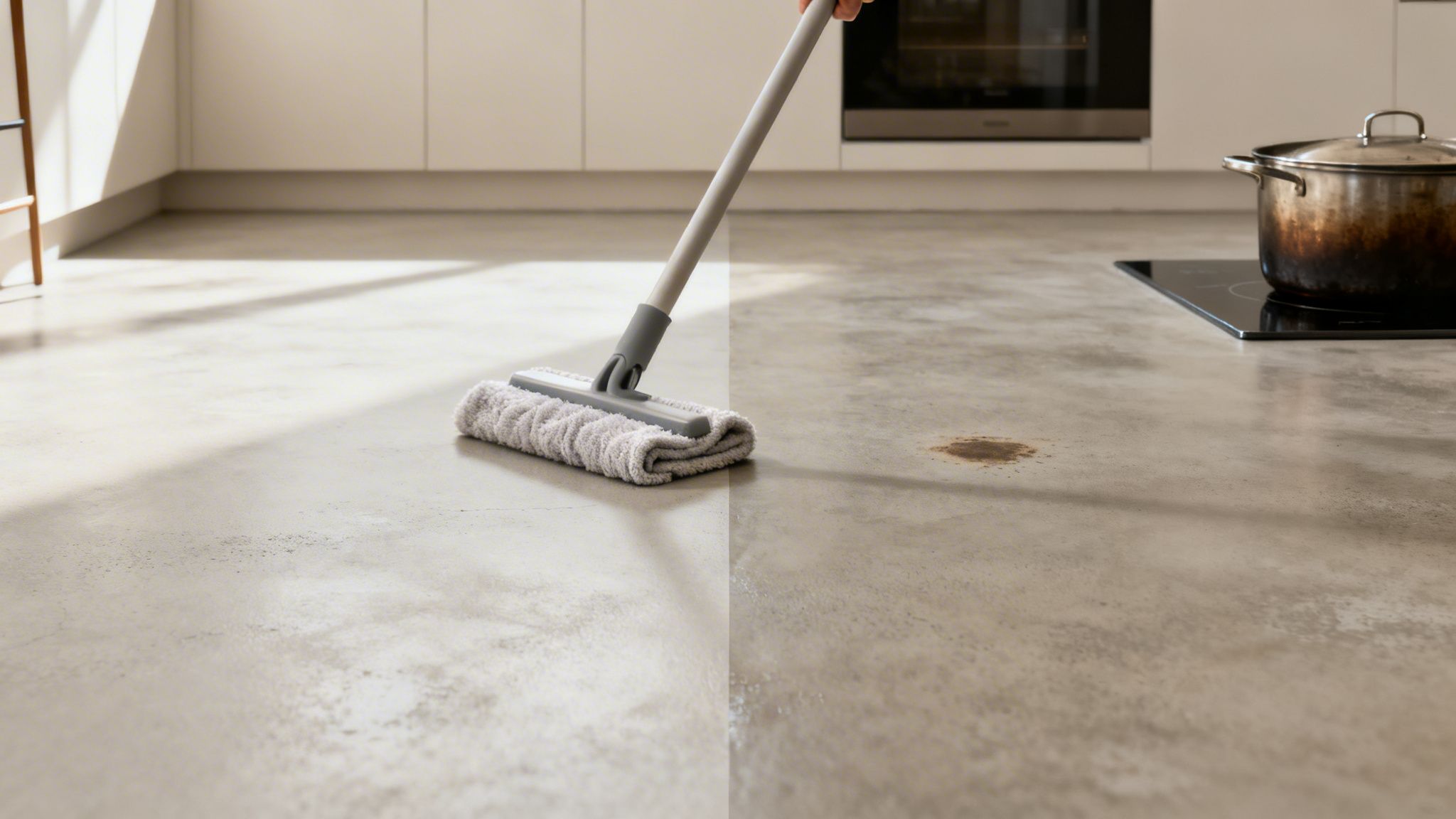 Hånd vasker et microcement gulv i køkkenet med en moppe, viser før og efter rengøring af snavs.