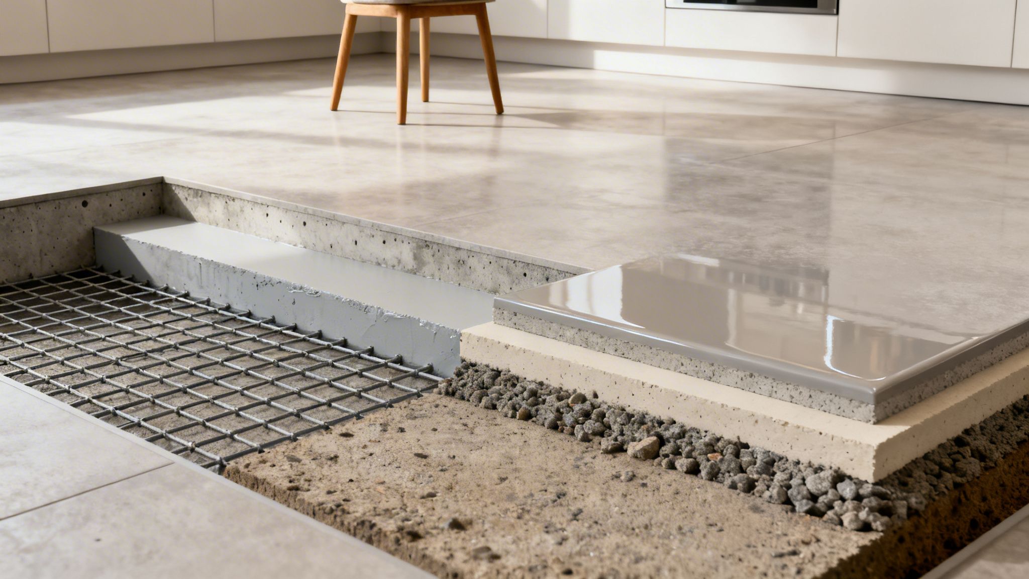 Detaljeret tværsnit af et køkkengulv, der viser lag af mikrocement, beton, isolering og underlag.