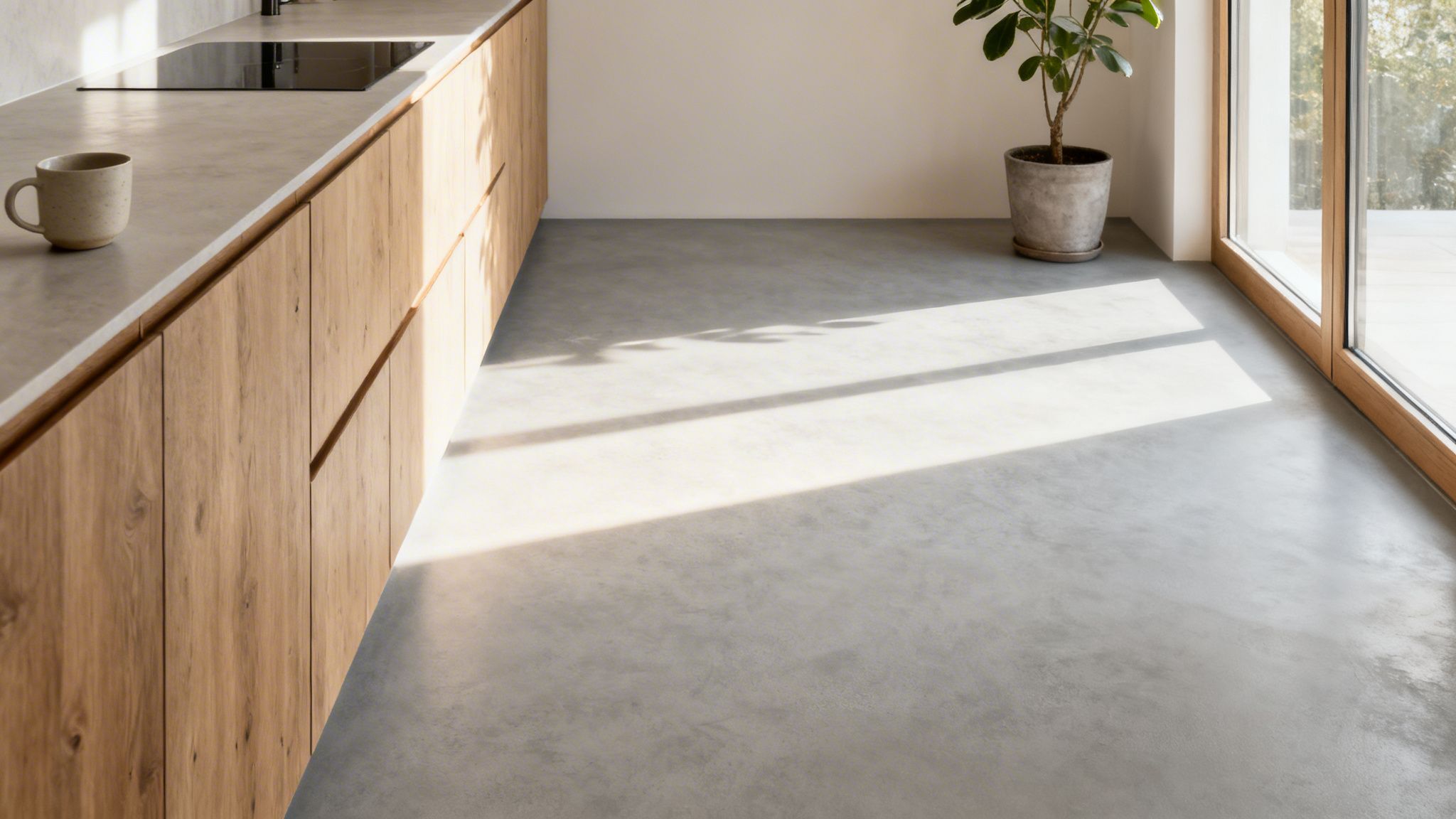 Et moderne køkken med lyse træskabe, grå microcementgulv og bordplade, samt en potteplante ved et stort vindue.