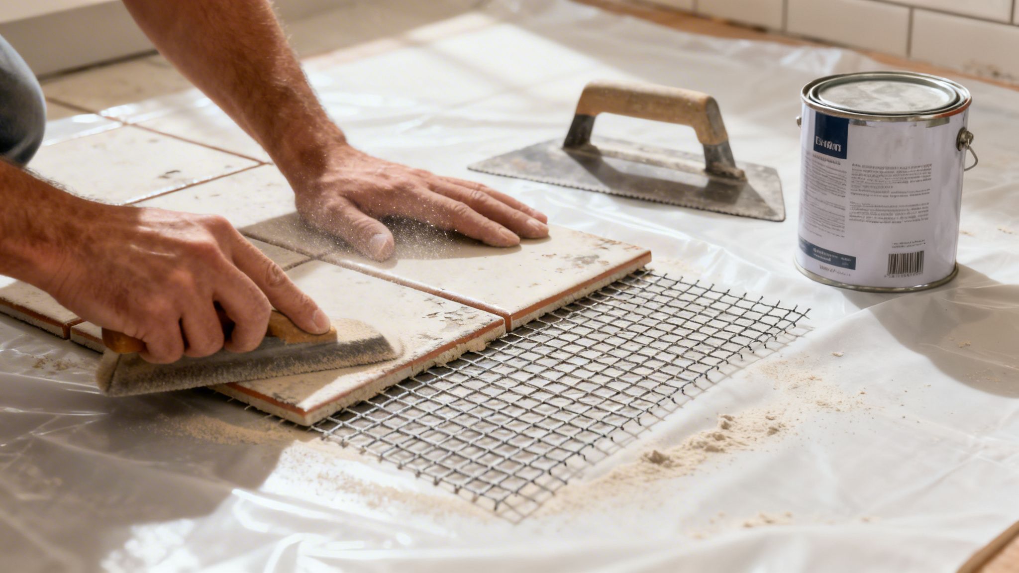 En person sliber fliser med en slibeklods på et gulv, med et armeringsnet og en spand tæt på.