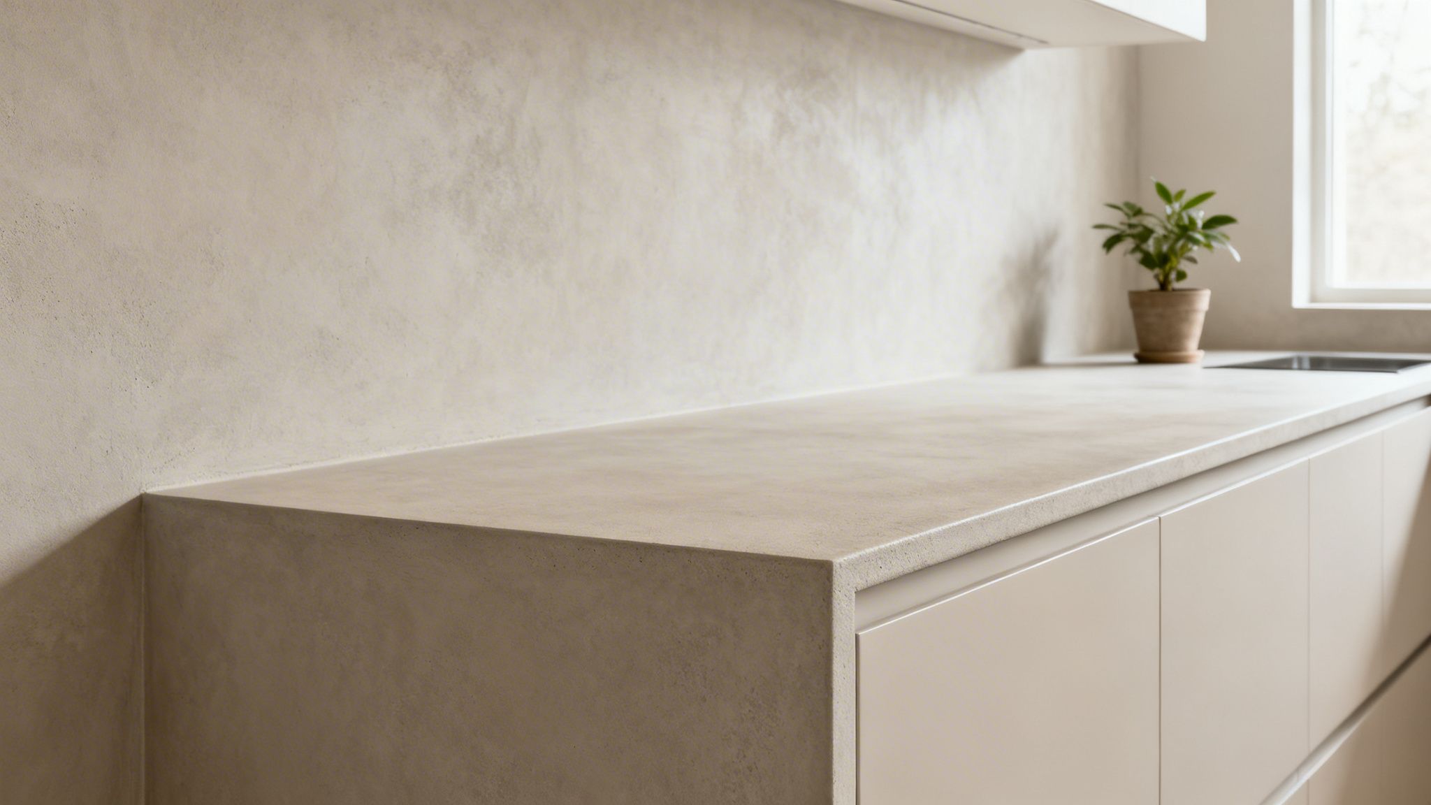 Nærbillede af et moderne køkken med lys microcement væg og bordplade, skabe og en grøn plante.
