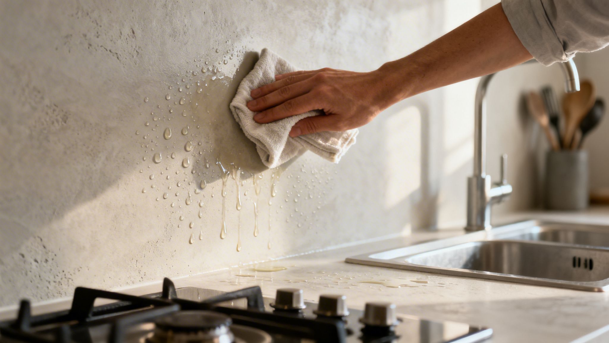 En person tørrer vanddråber af en mikrocement køkkenvæg med en klud over en kogeplade.