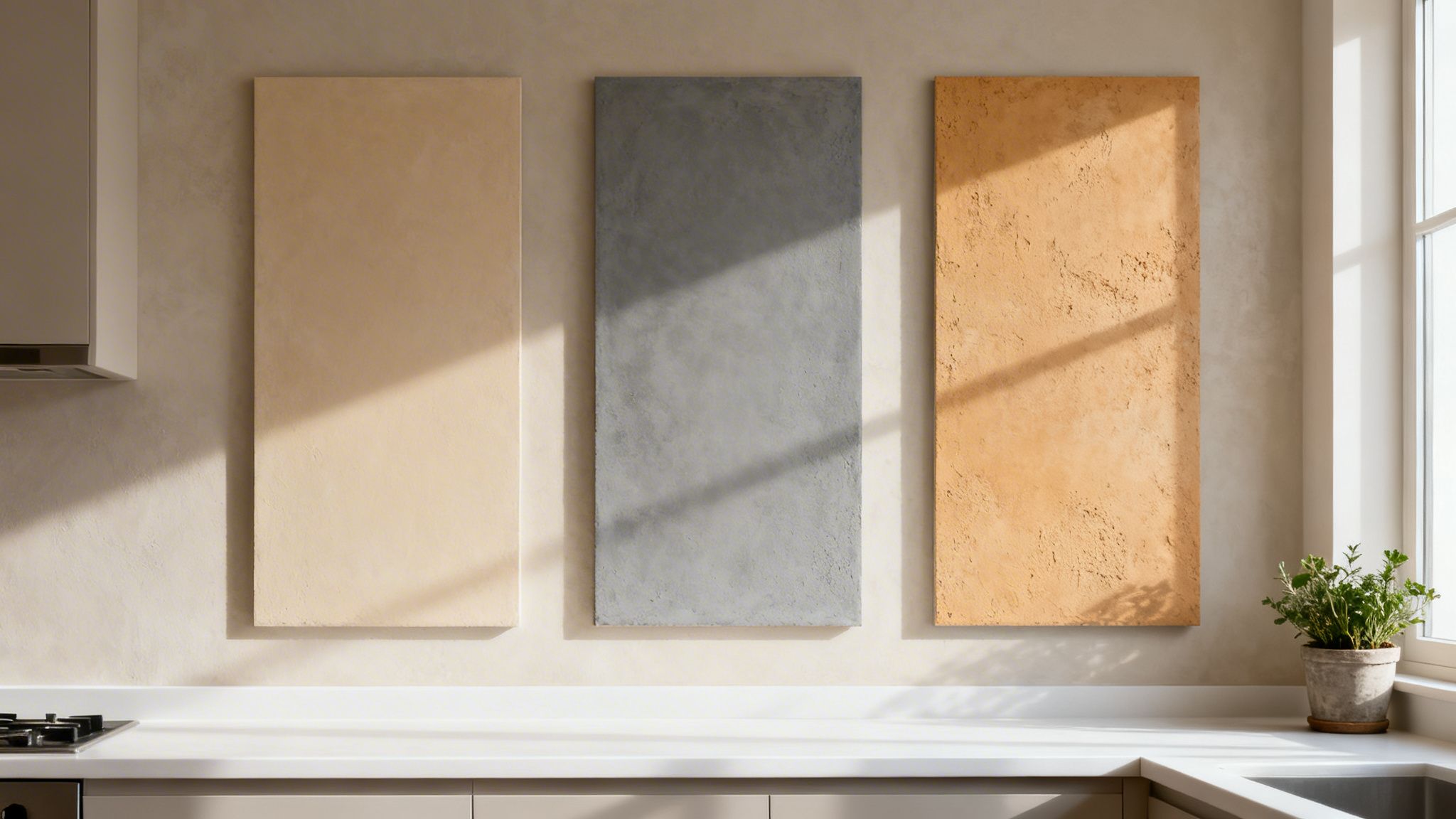 Tre dekorative paneler i mikrocement på en køkkenvæg med sollys og skygger. Neutrale farver.