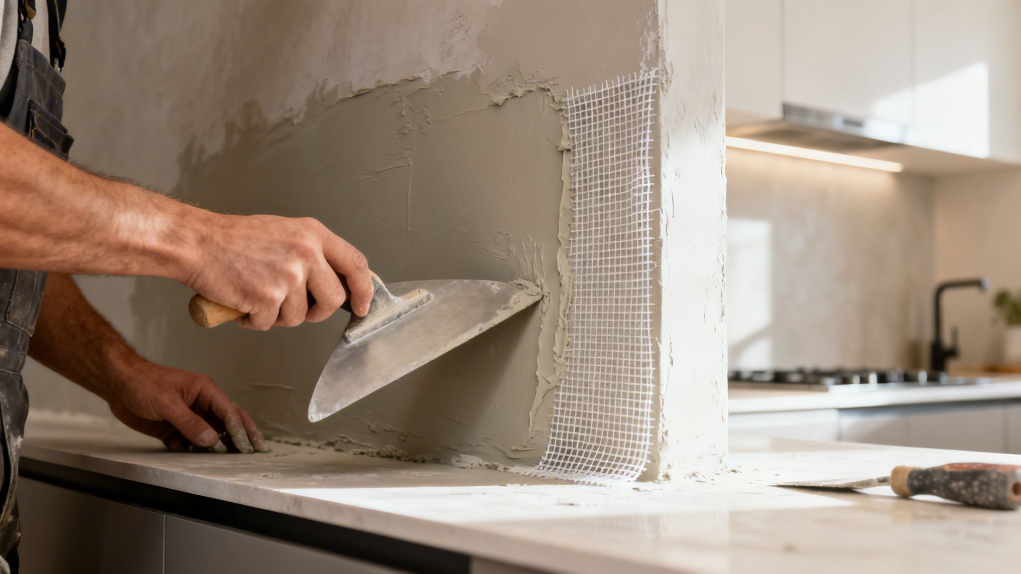 Håndværker spartler væg med grå microcement og armeringsnet i et moderne køkken.