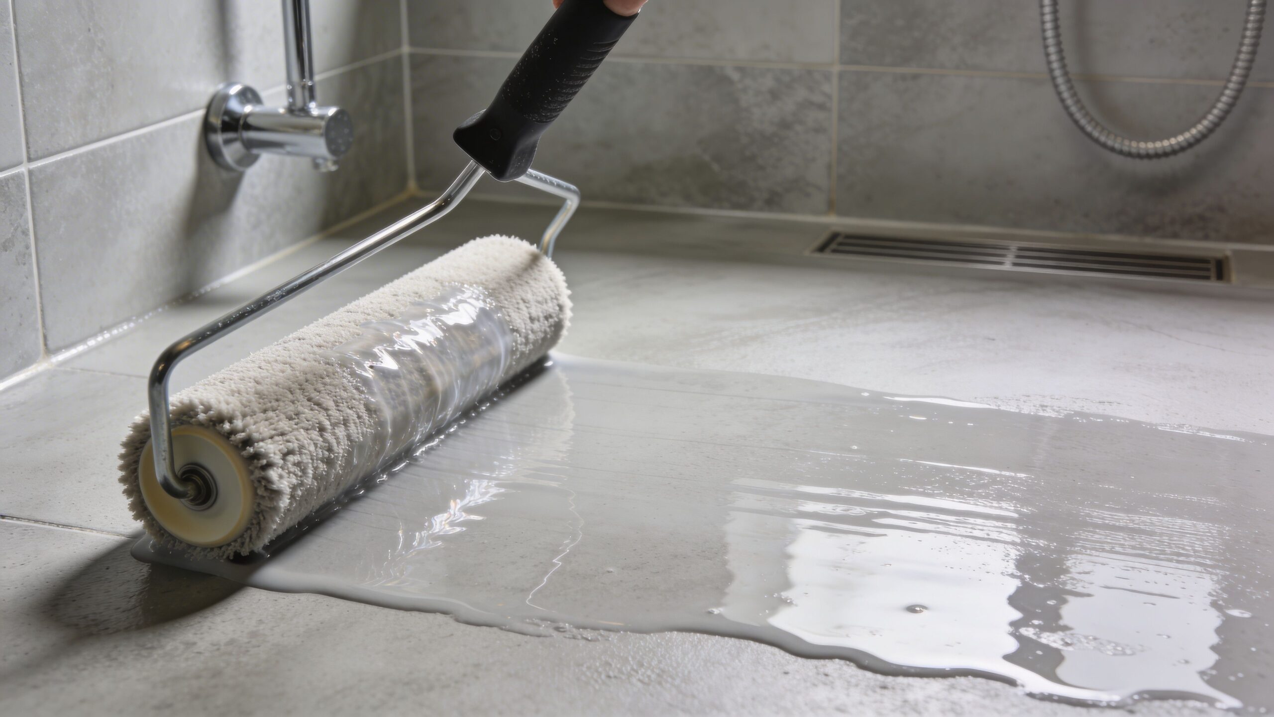 En hånd bruger en malerrulle til at påføre grå microcement ovenpå eksisterende klinker på et badeværelsesgulv.