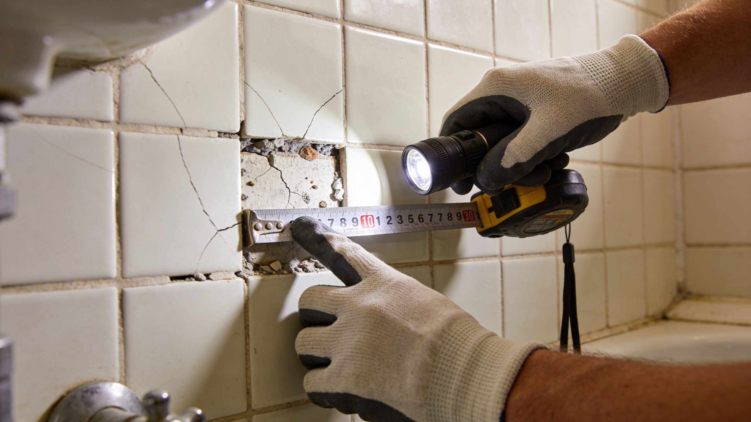 Håndværker måler revnet flise på væg med målebånd og lommelygte i et badeværelse under renovering.