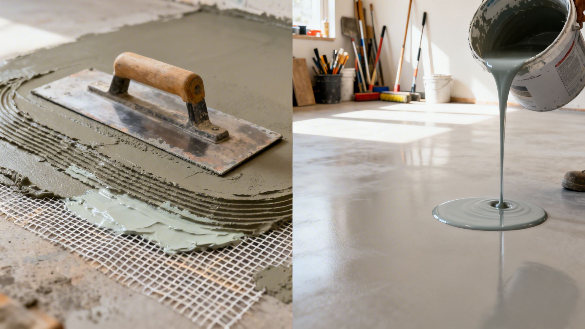 Billede der viser to trin i gulvbelægning: påføring af microcement med spartel over net, og udhældning af selvnivellerende epoxy.