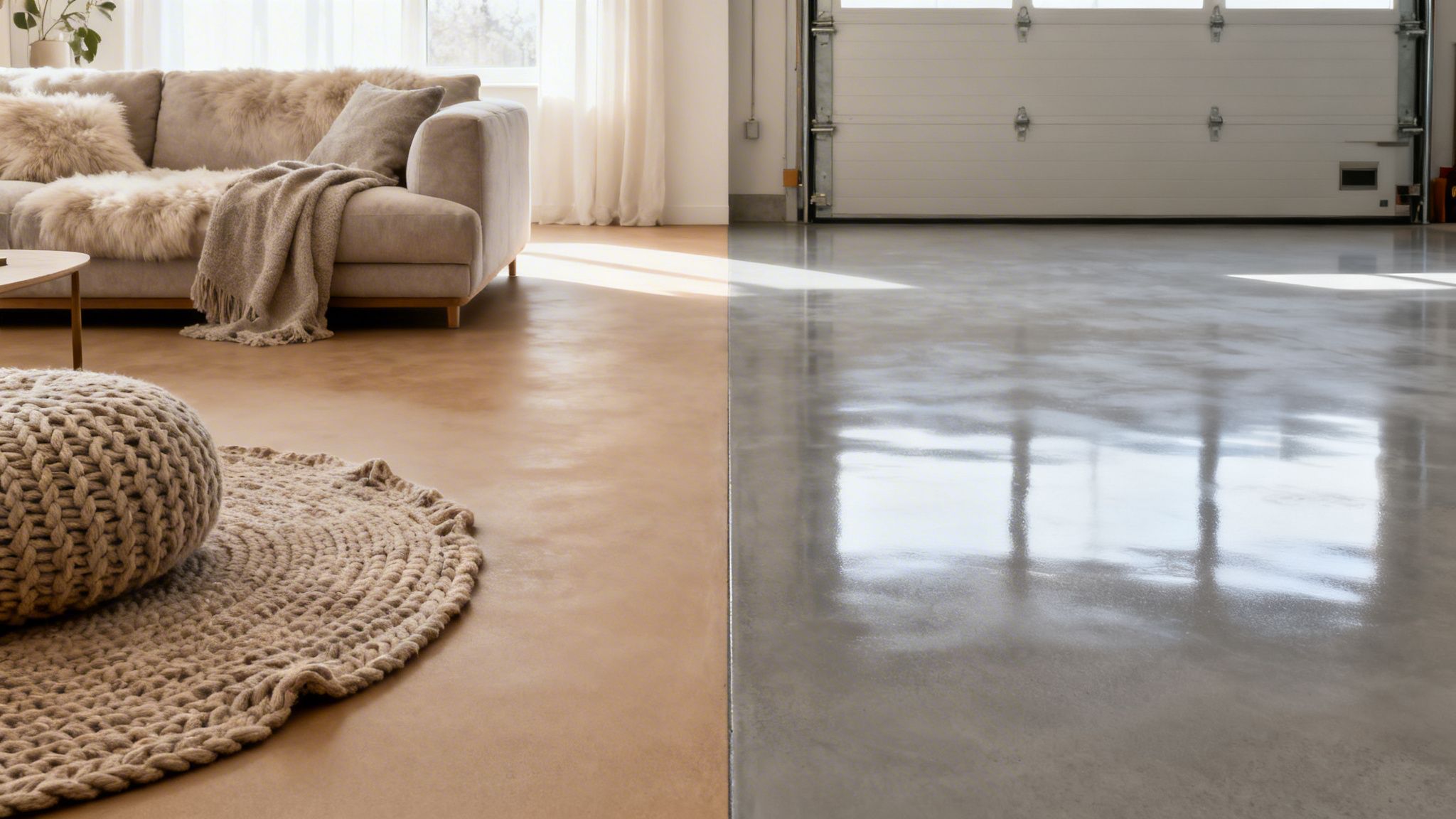 Et rum med gulv delt i to typer: mat microcement i stuen og blank epoxy i garageområdet.