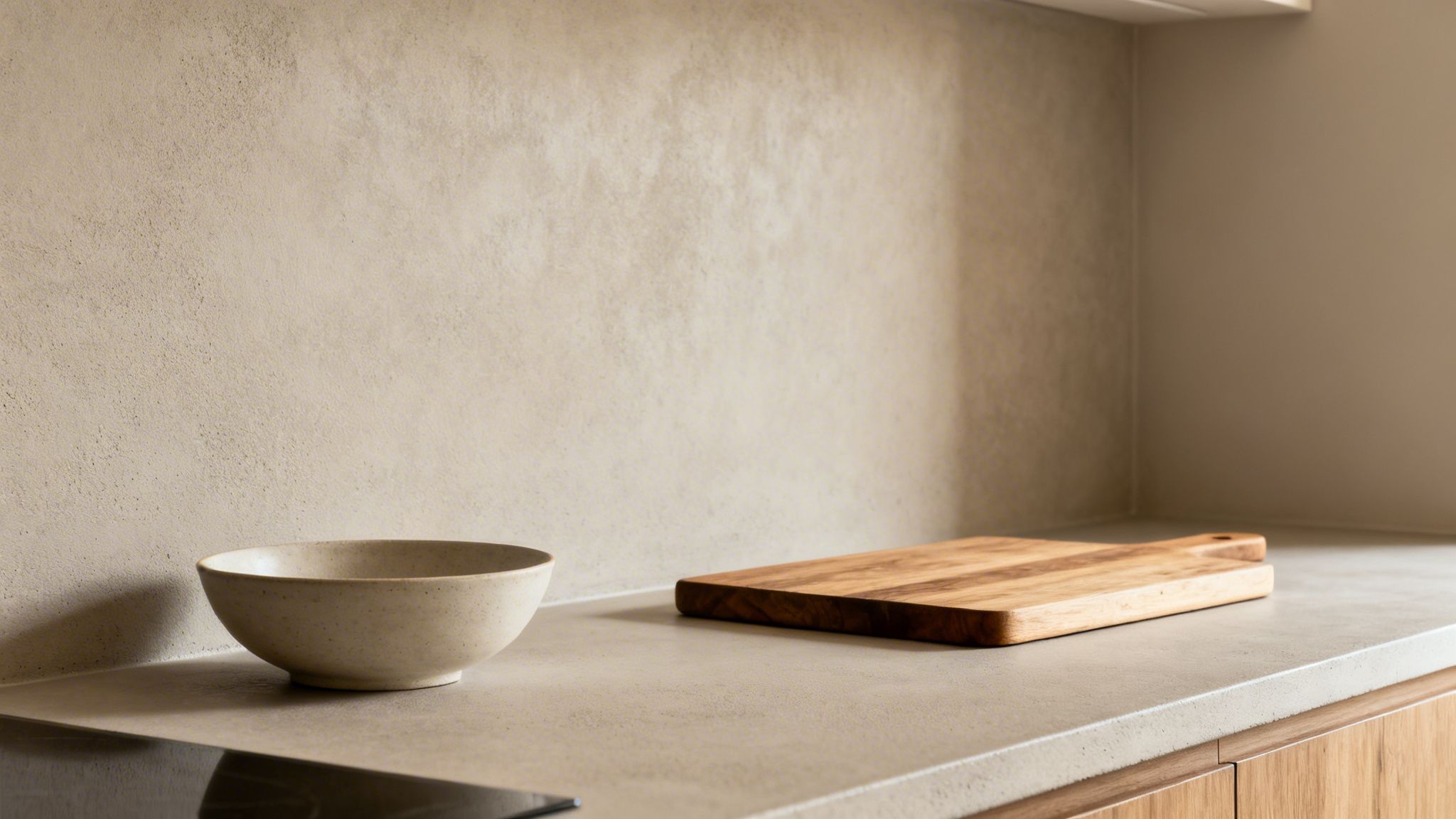 Moderne køkkenbordplade og bagvæg i beige mikrobeton med en keramisk skål og et skærebræt.