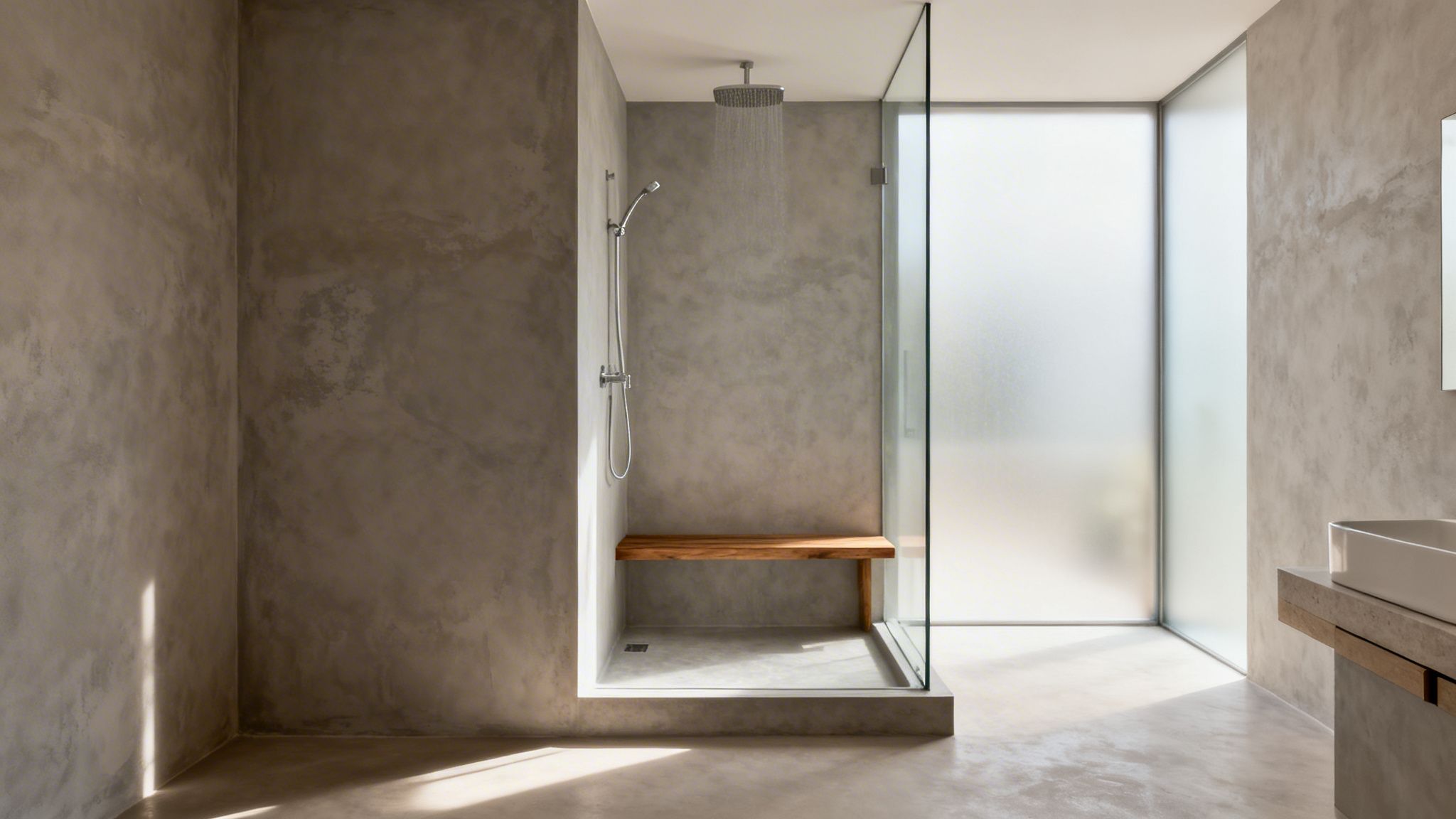 Minimalistisk badeværelse med lysegrå microcement, walk-in bruser med træbænk og vask.