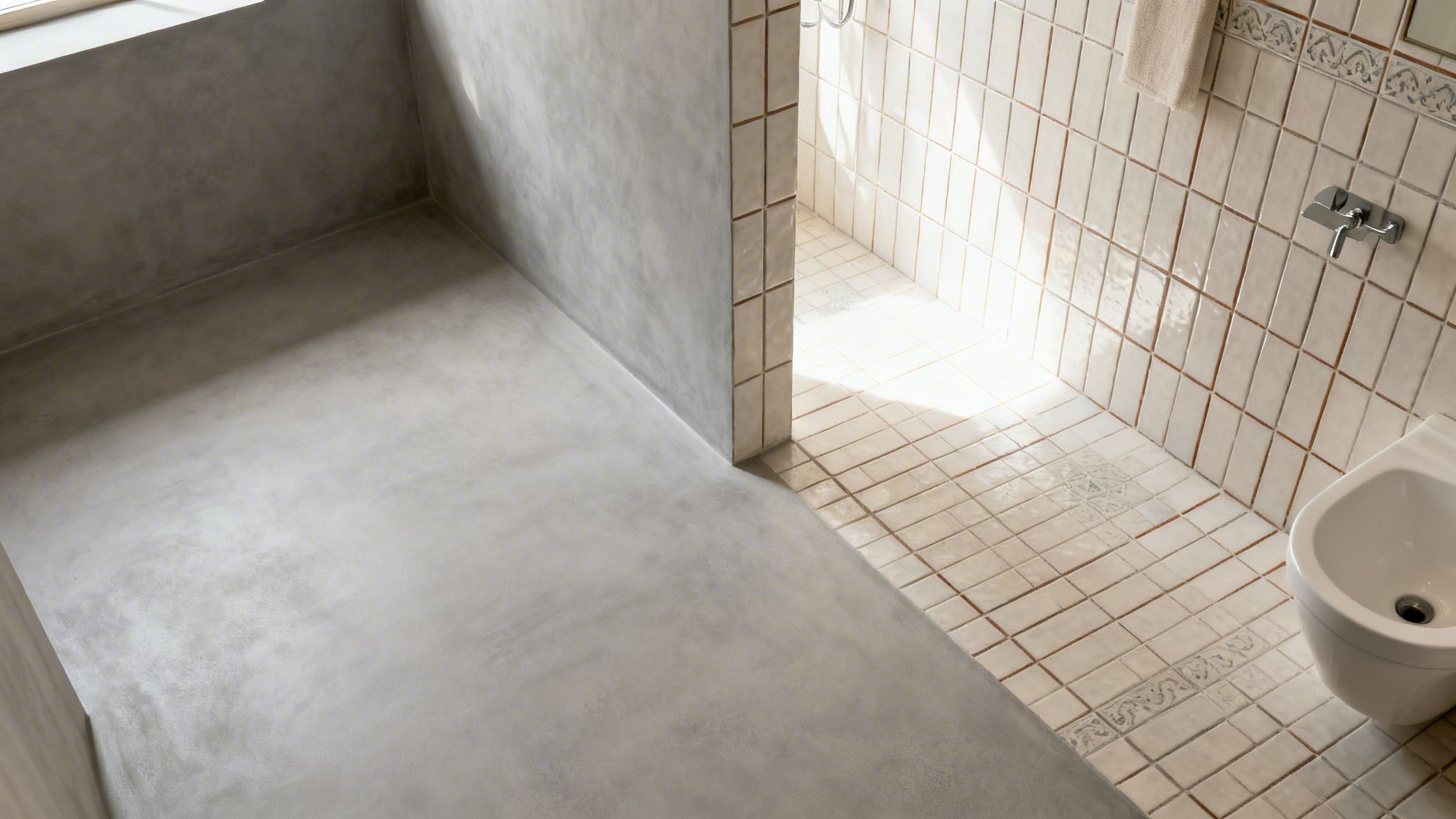 Et badeværelse, der viser en kontrast mellem grå mikrocement og lyse fliser med et bidet.