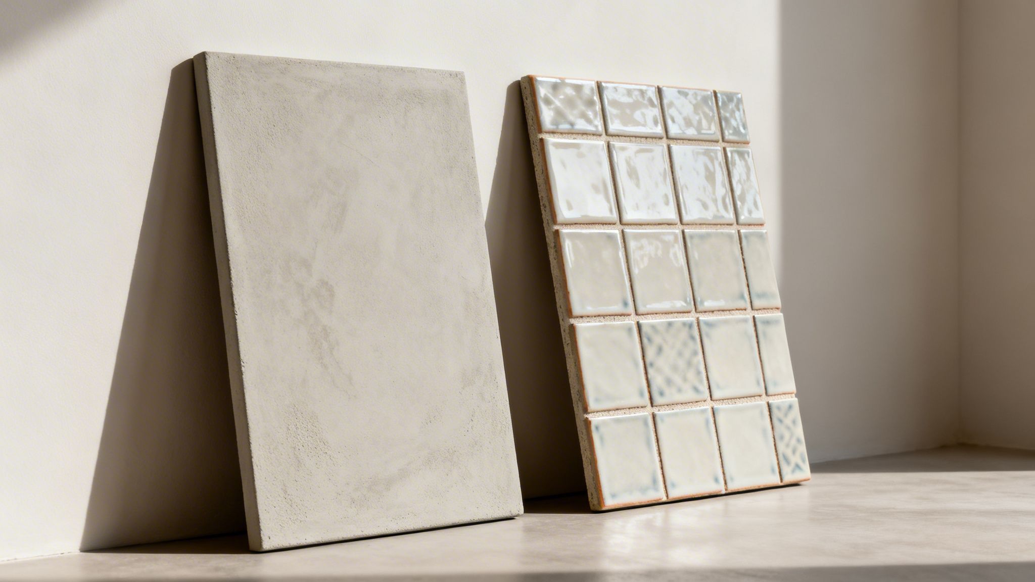 To prøveplader: en microcement og en med fliser, står oprejst med skygger.