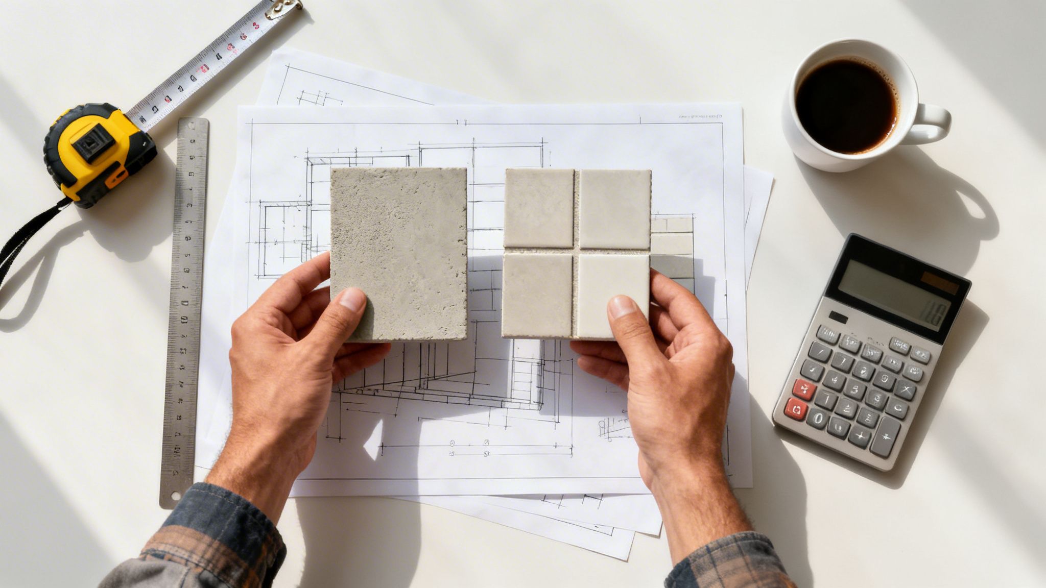 Hænder holder mikrocement- og fliseprøver over plantegninger ved en arbejdsstation med måleværktøjer og kaffe.