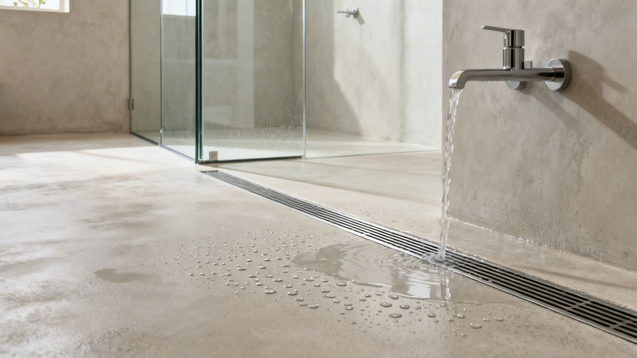 Moderne brusebad med mikrocement vægge og gulv, langsgående afløb og vandhane med rindende vand.