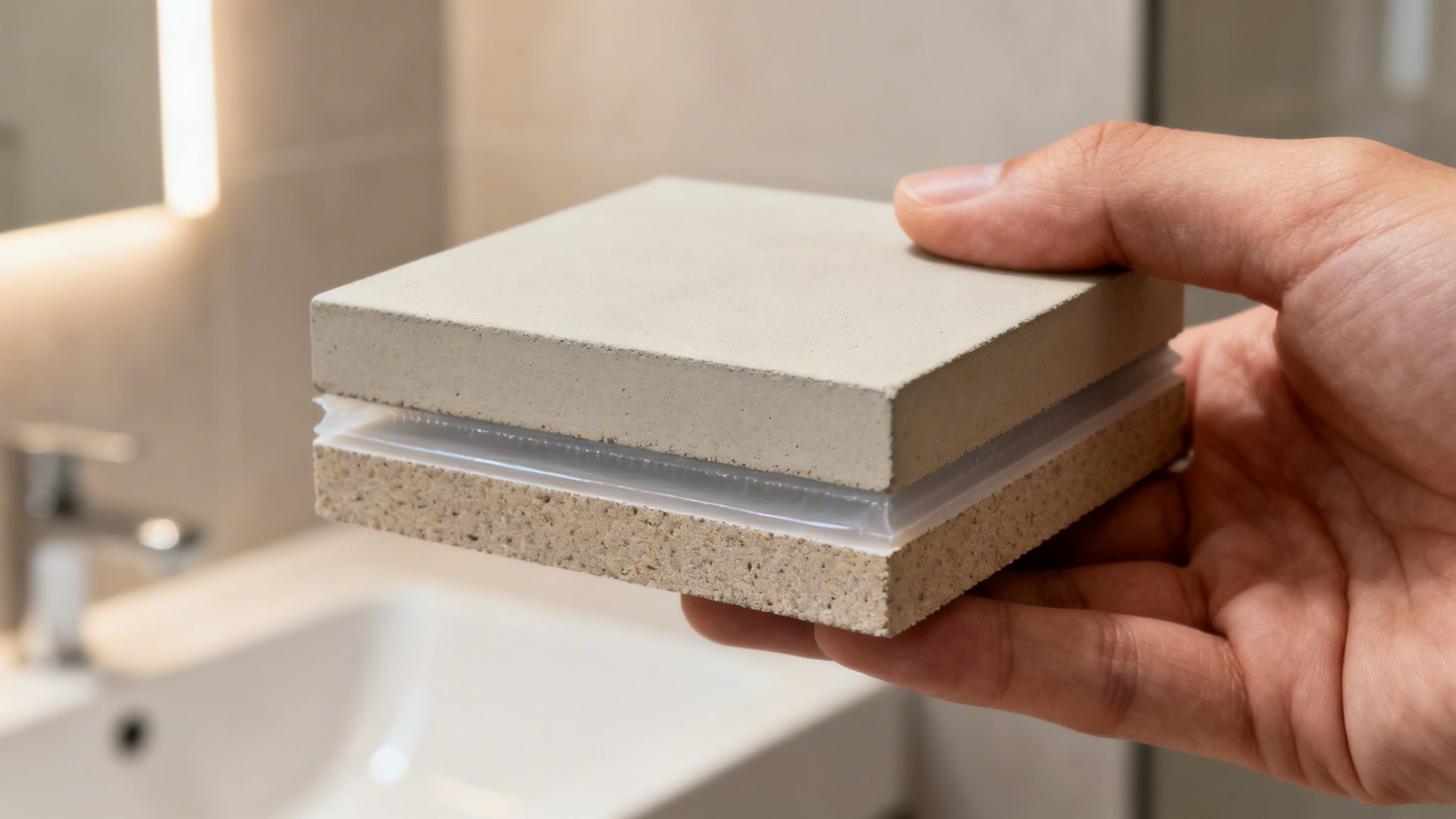 Hånd holder en prøve af microcement og vandtæt materiale over en vask på badeværelset.