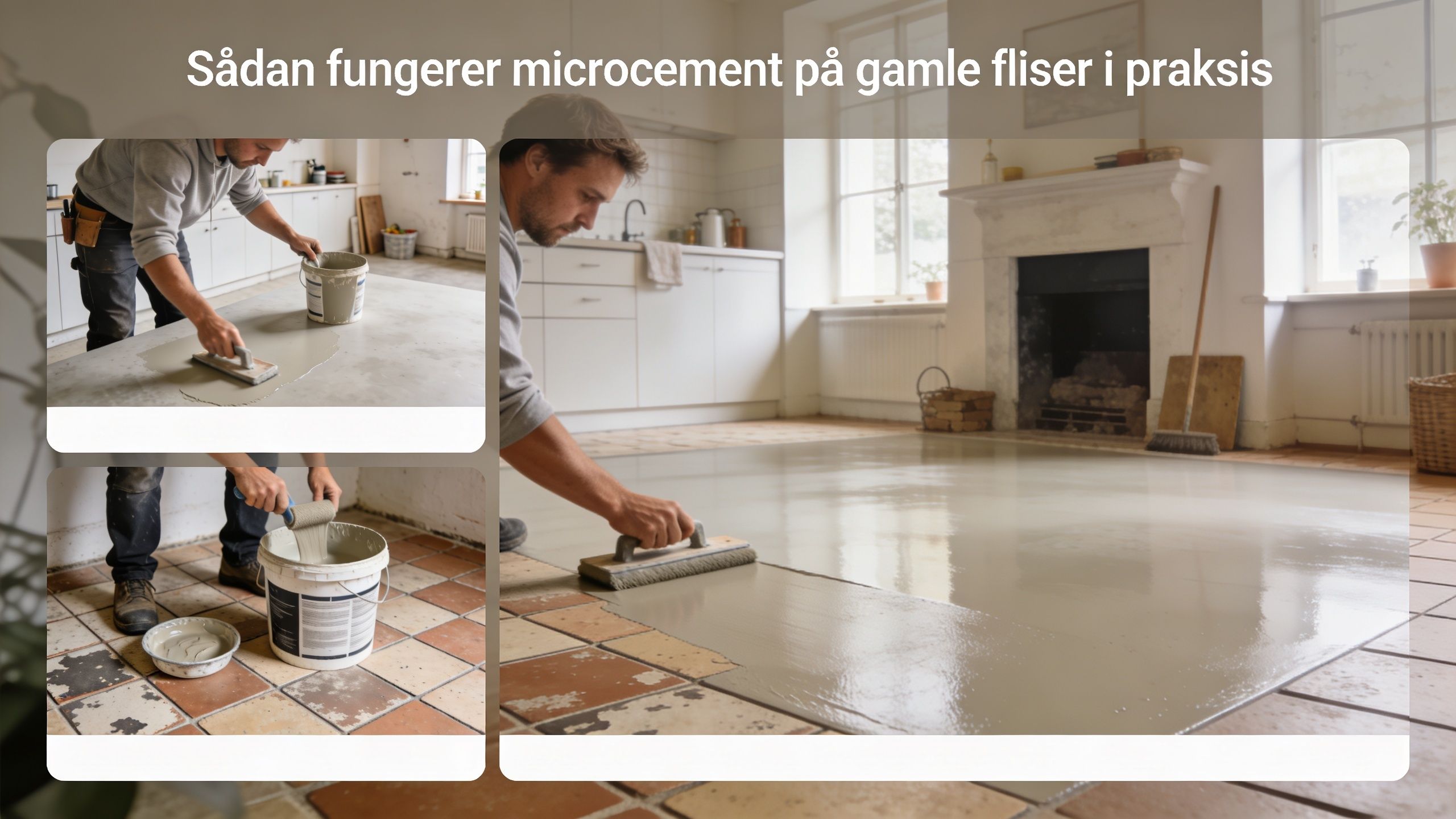 En håndværker påfører microcement ovenpå gamle fliser for at skabe et moderne og ensartet gulv i køkkenet.