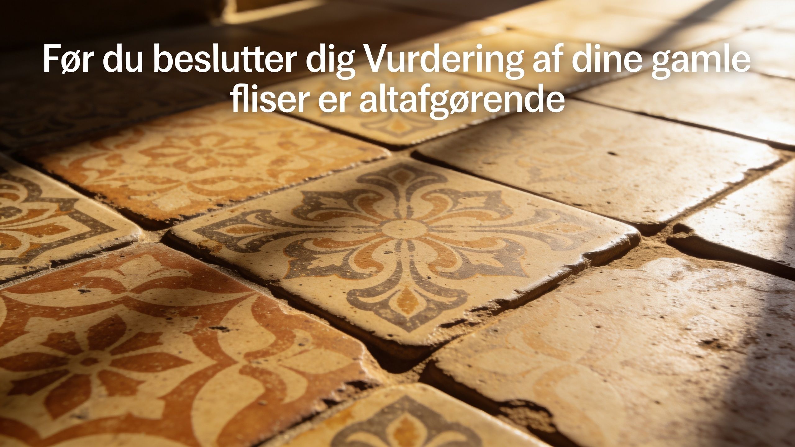 En nærbillede af gamle mønstrede fliser med naturligt sollys, der kaster skygger på gulvets overflade.