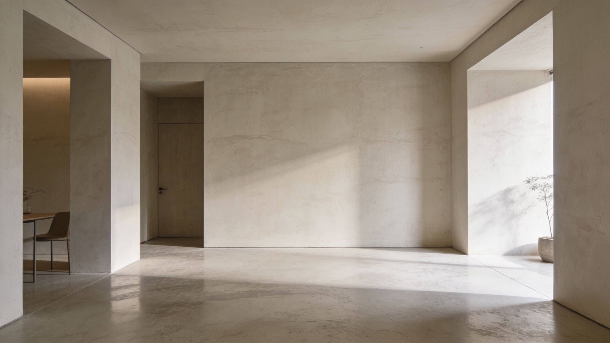 Et minimalistisk rum med glatte betonvægge og gulve, der skaber en rolig og moderne atmosfære i boligen.