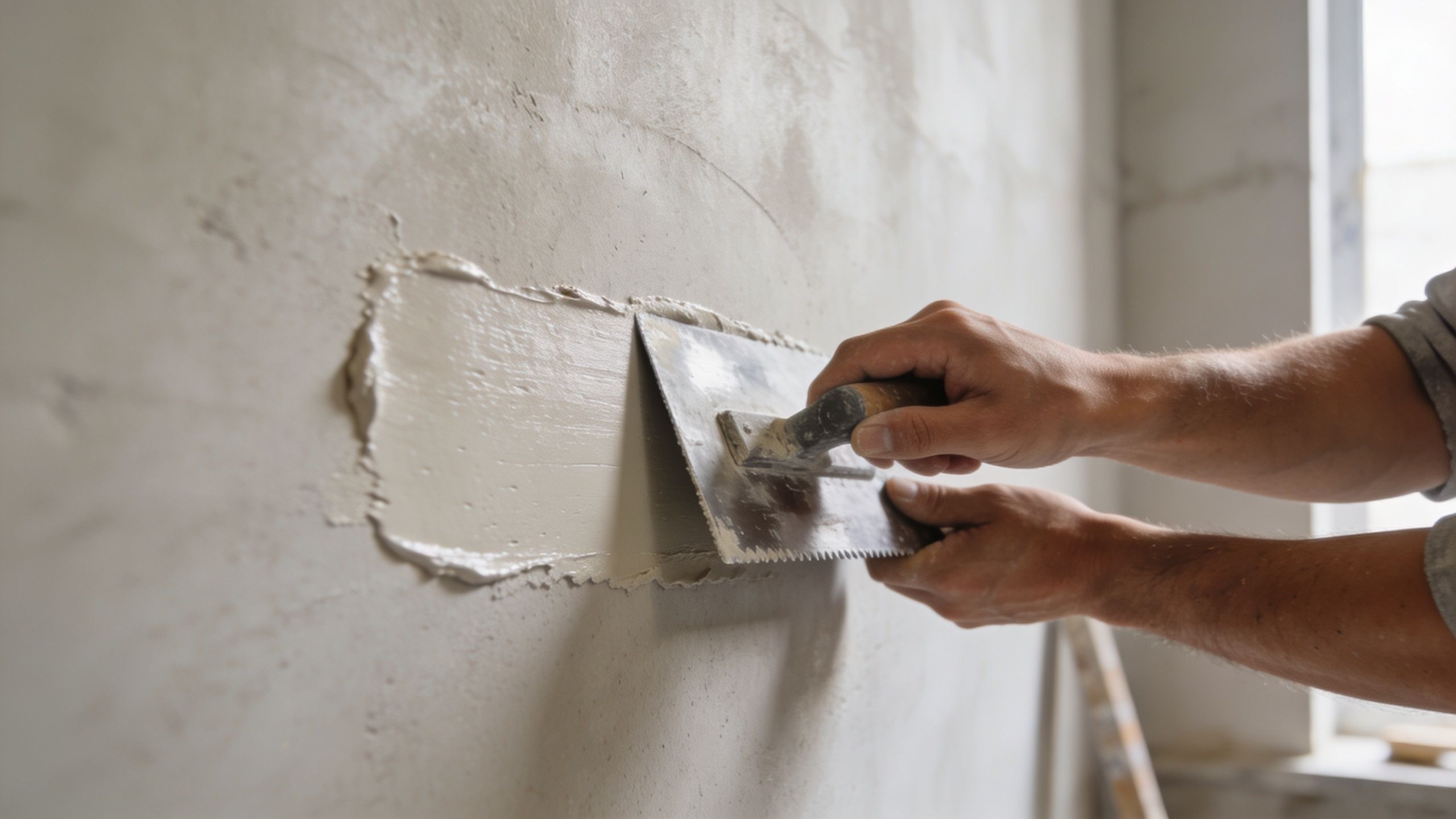 En håndværker påfører spartelmasse på en betonvæg ved hjælp af et murerbræt under en renovering.