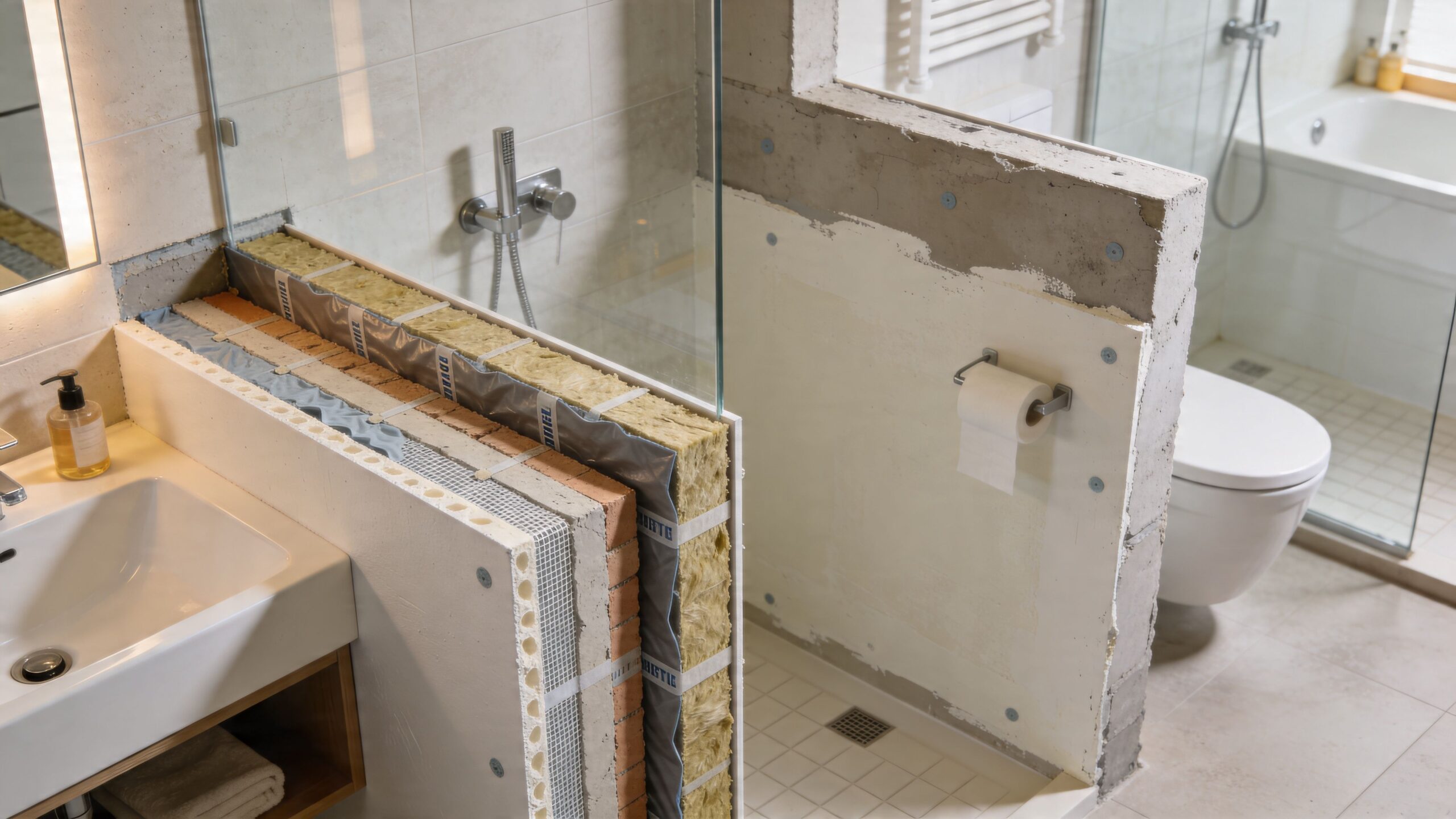 Et tværsnit af en væg i et badeværelse under konstruktion med synlige isoleringslag og fliseunderlag.