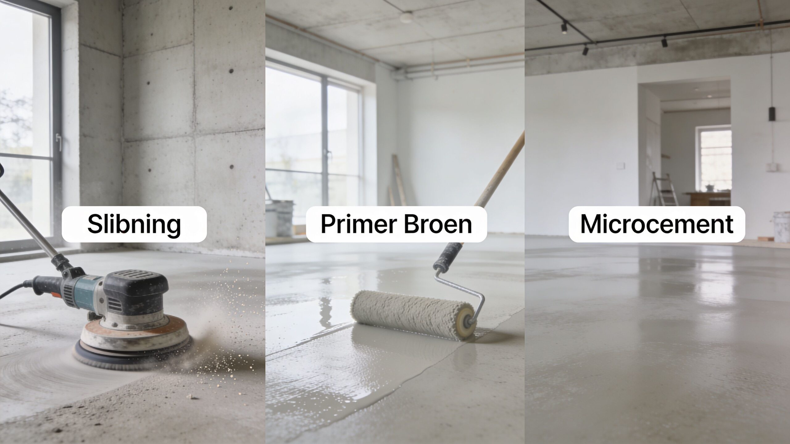 Tre billeder der viser processen for påføring af microcement på et betongulv fra slibning til færdigt resultat.