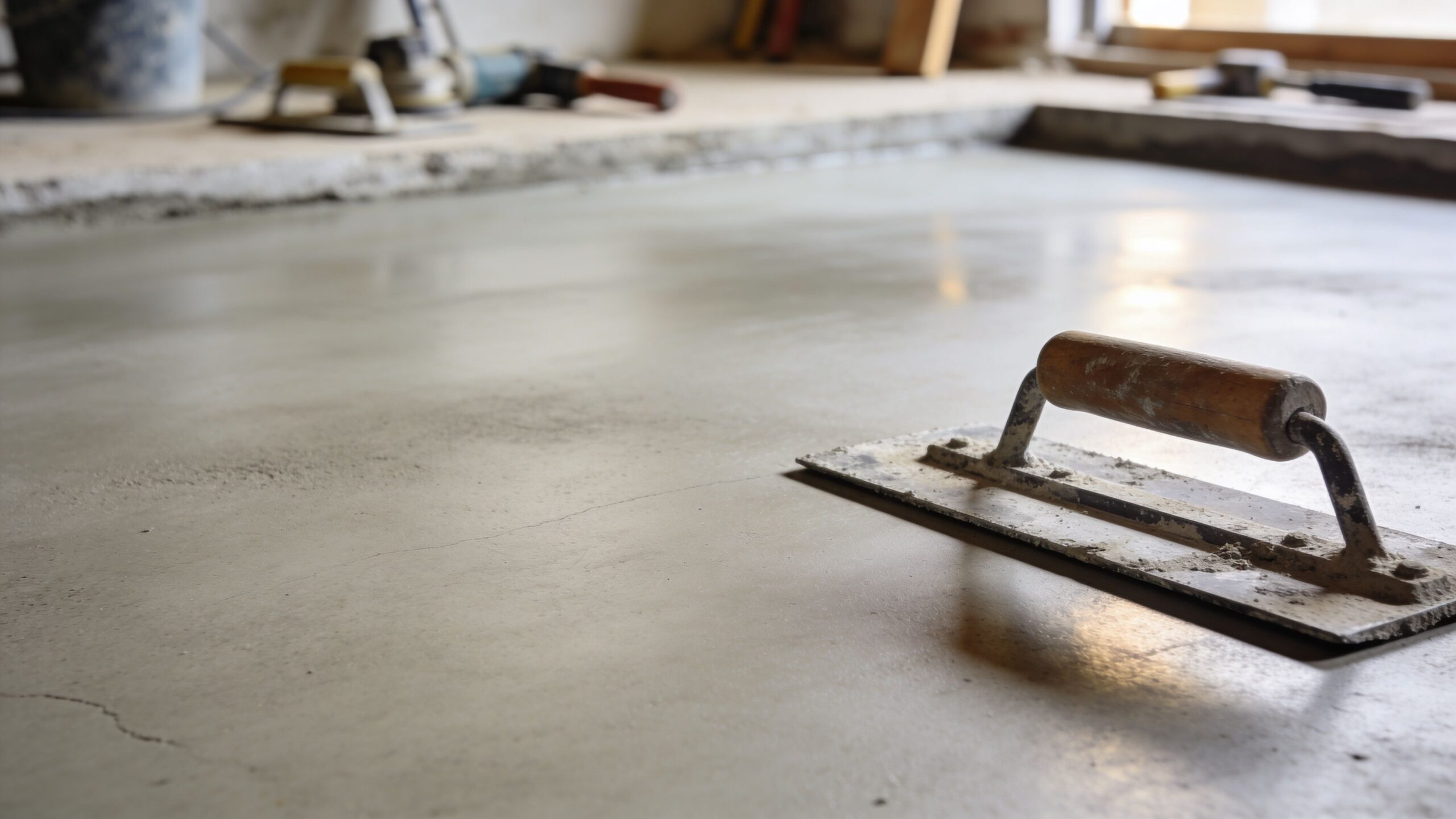 Et murerstrygebræt placeret på et nystøbt og glattet betongulv i et rum under renovering.