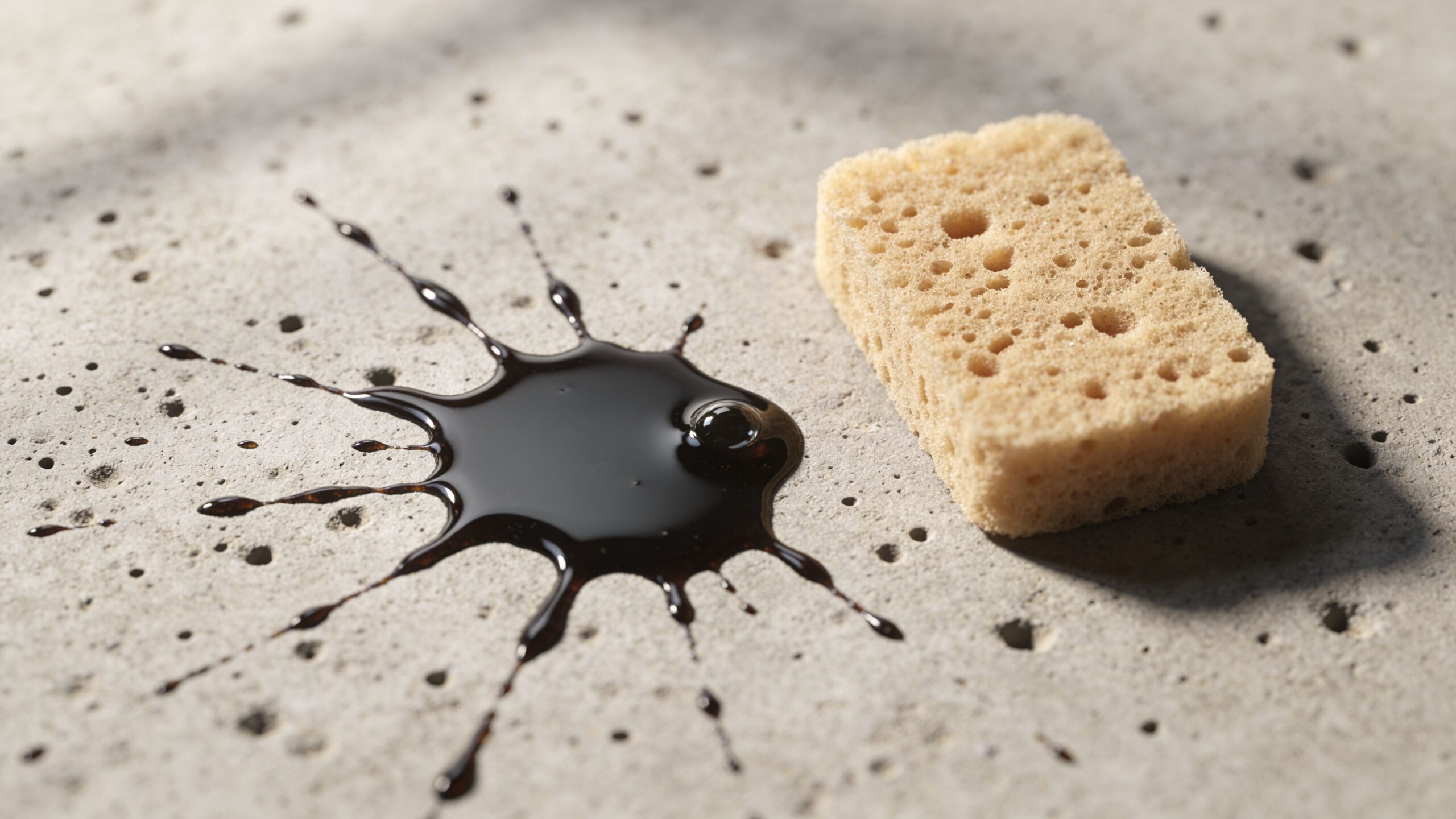 En svamp ved siden af en sort væskesprøjt på et ubehandlet betongulv under forberedelse til overfladebehandling.