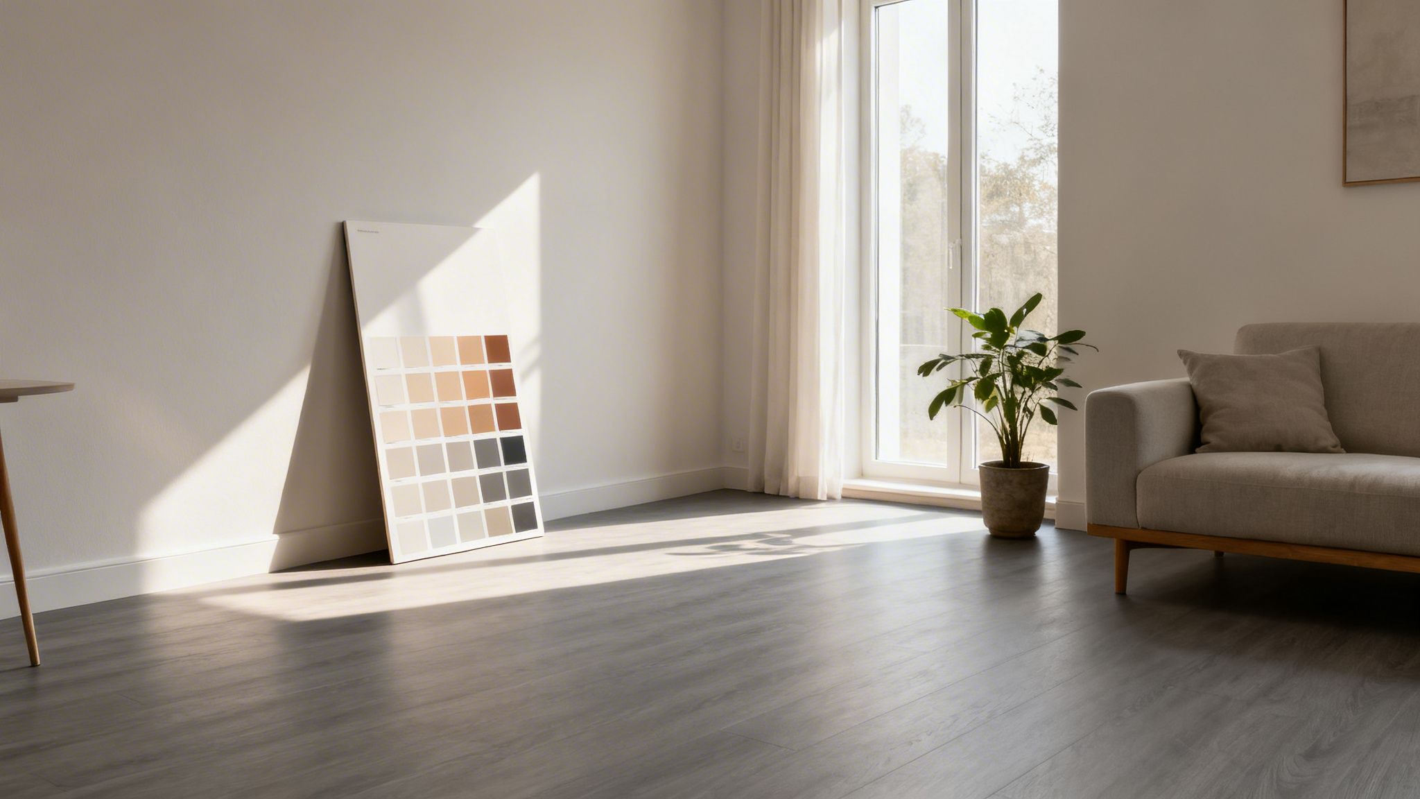 Moderne rum med PU-gulvfarveprøver, sollys, beige sofa og potteplante.