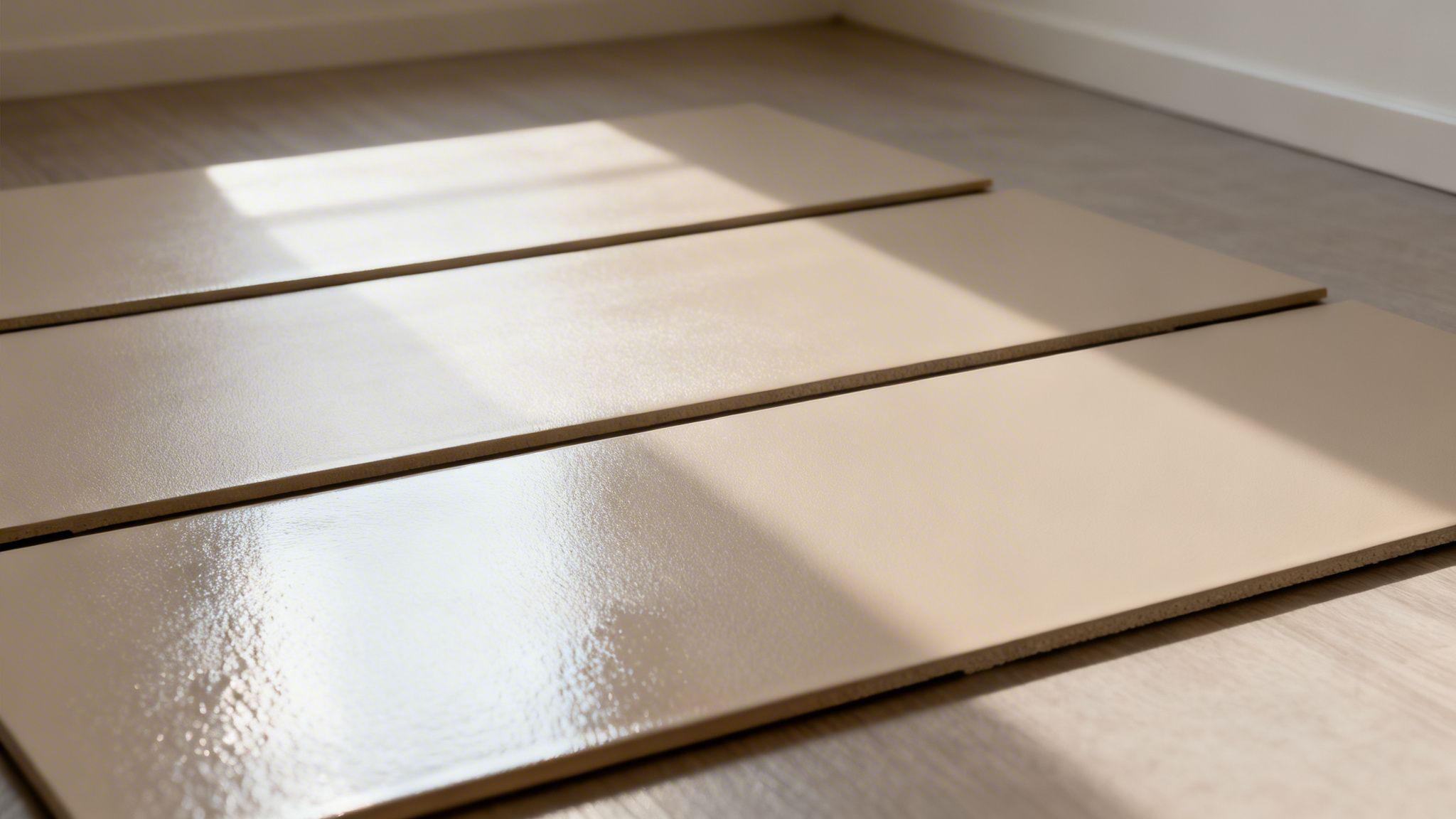 Nye lyse beige fliser lagt ud på trægulv med sollys og skygger, klar til installation.