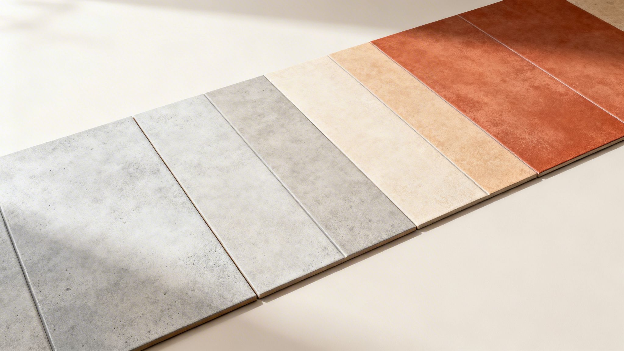 Et udvalg af gulvfliser i forskellige grå, beige og terracotta nuancer, der ligger diagonalt.