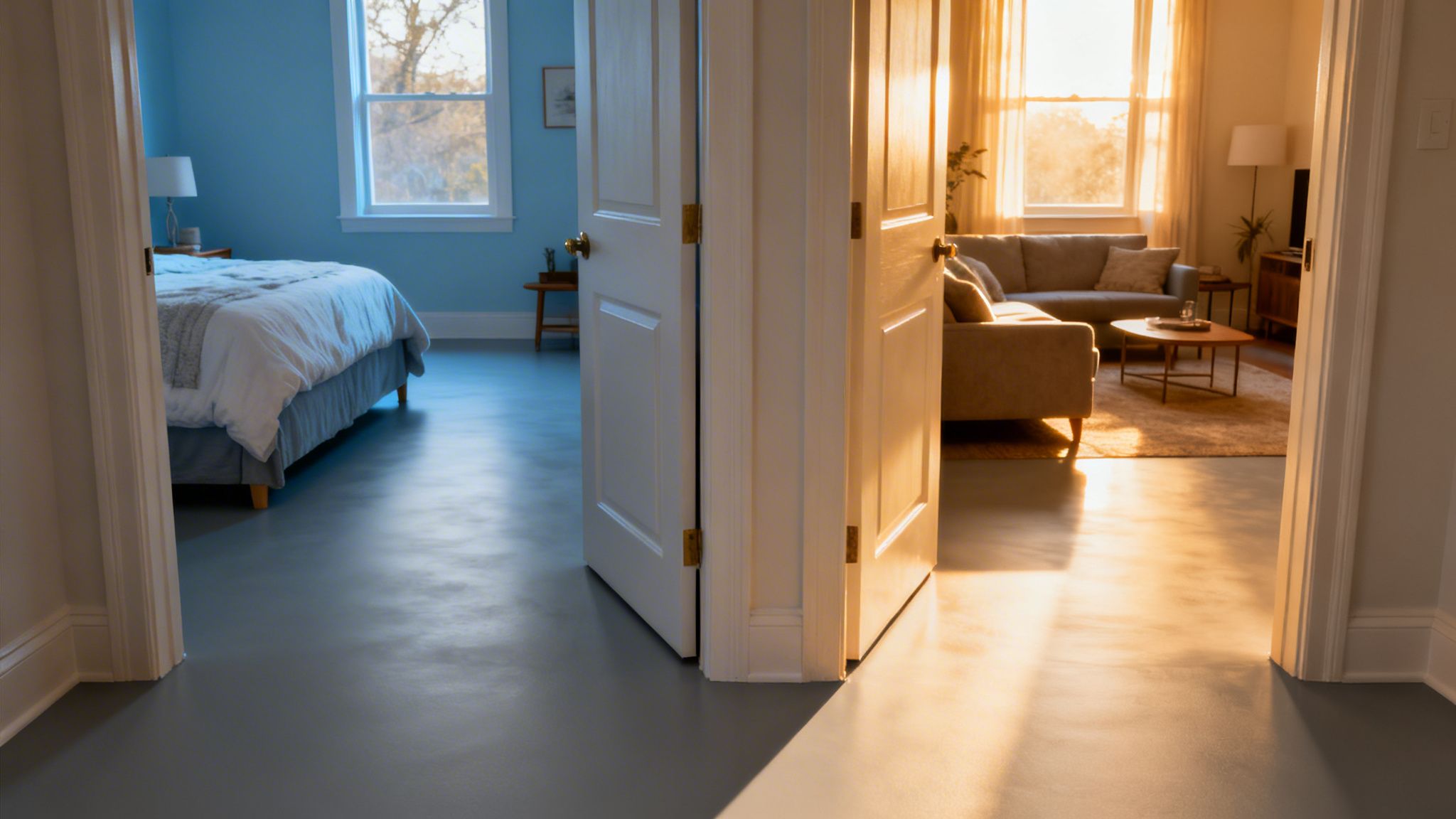 En hallway med åbne døre til et blåt soveværelse og en varm stue med gråt gulv.