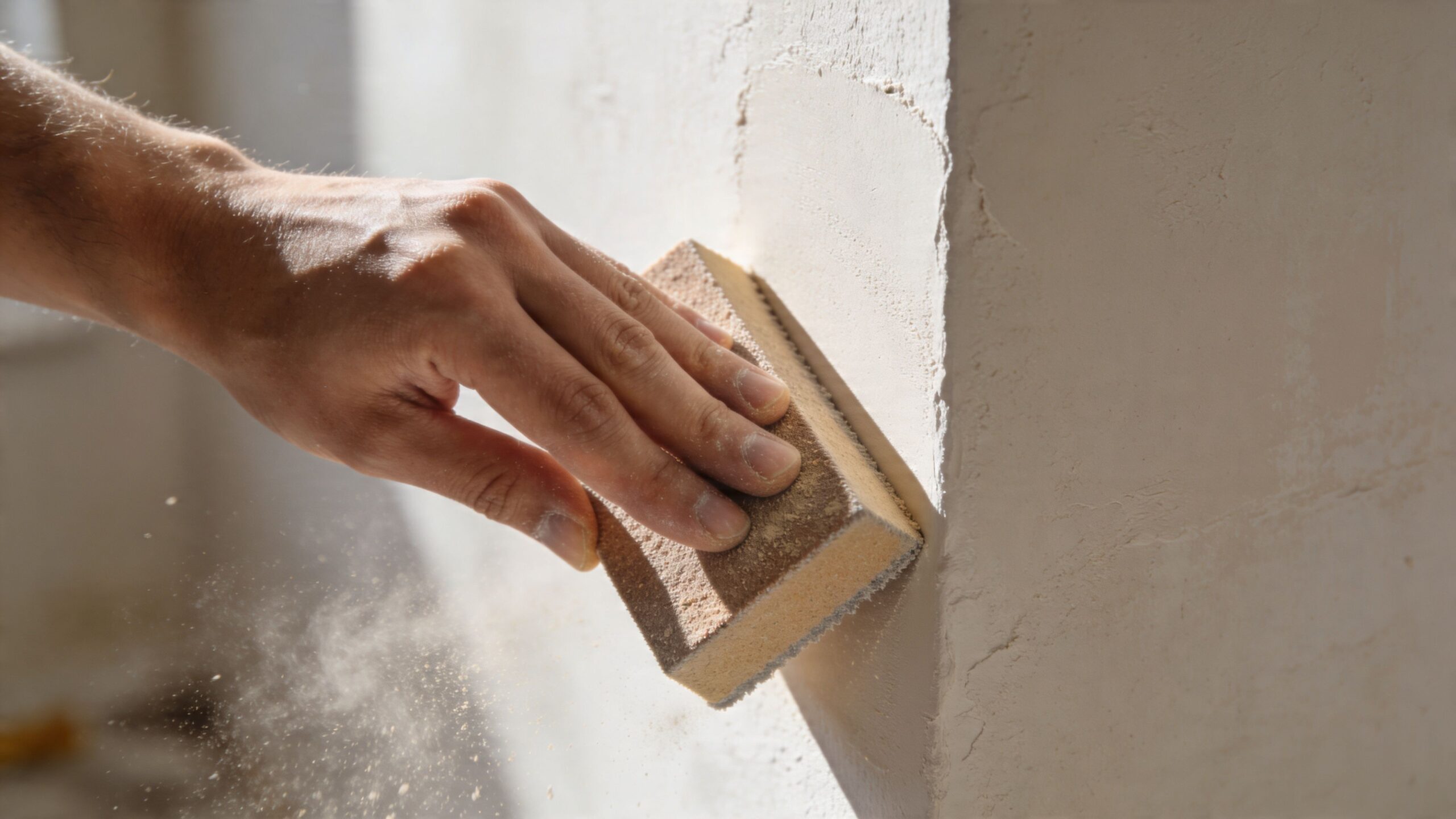 En hånd sliber forsigtigt hjørnet på en væg med en slibeklods for at sikre en jævn overflade.