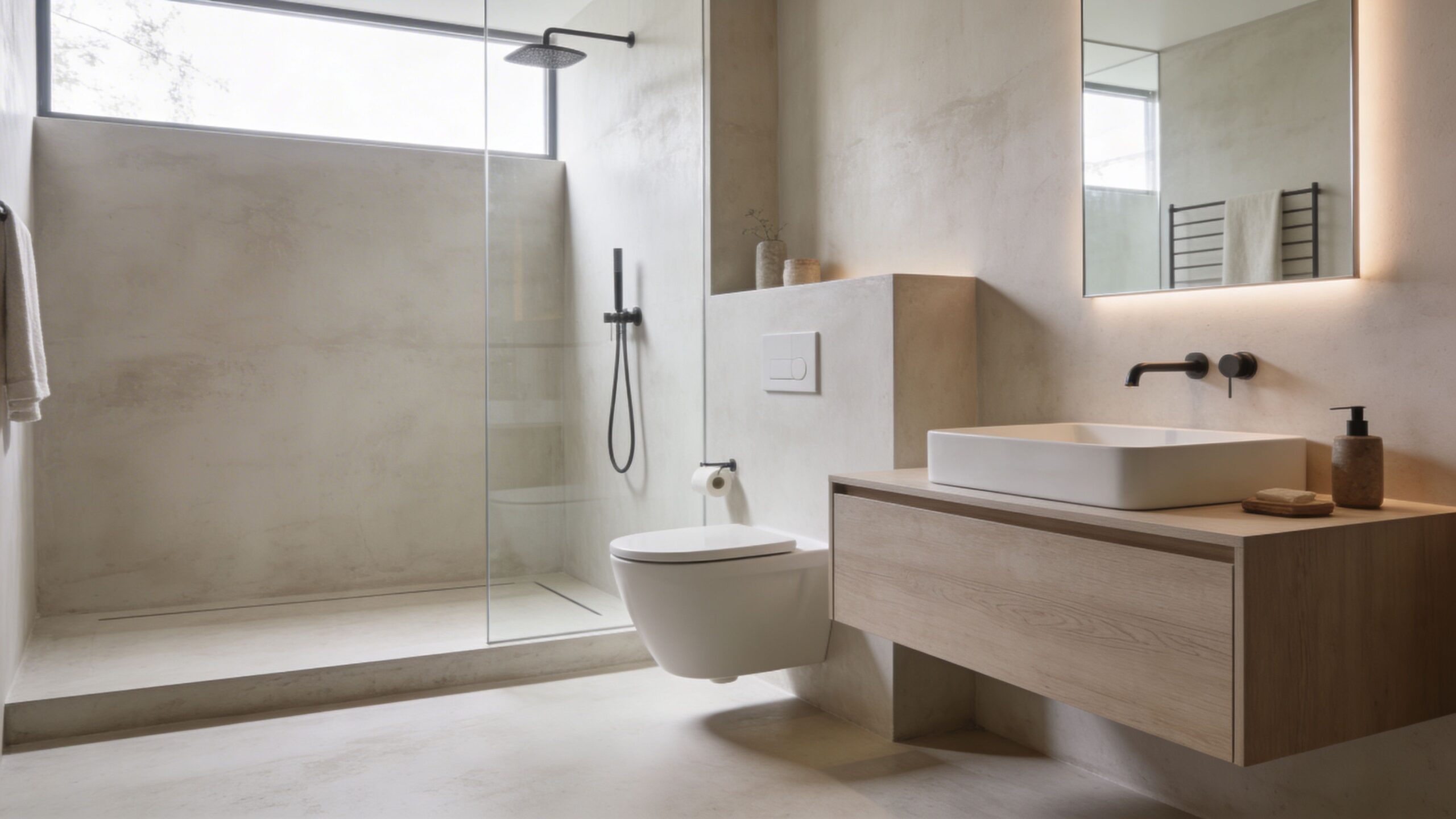 Moderne badeværelse med minimalistisk betonlook, væghængt toilet, bruseniche i glas og en elegant trævaskekommode med armatur.