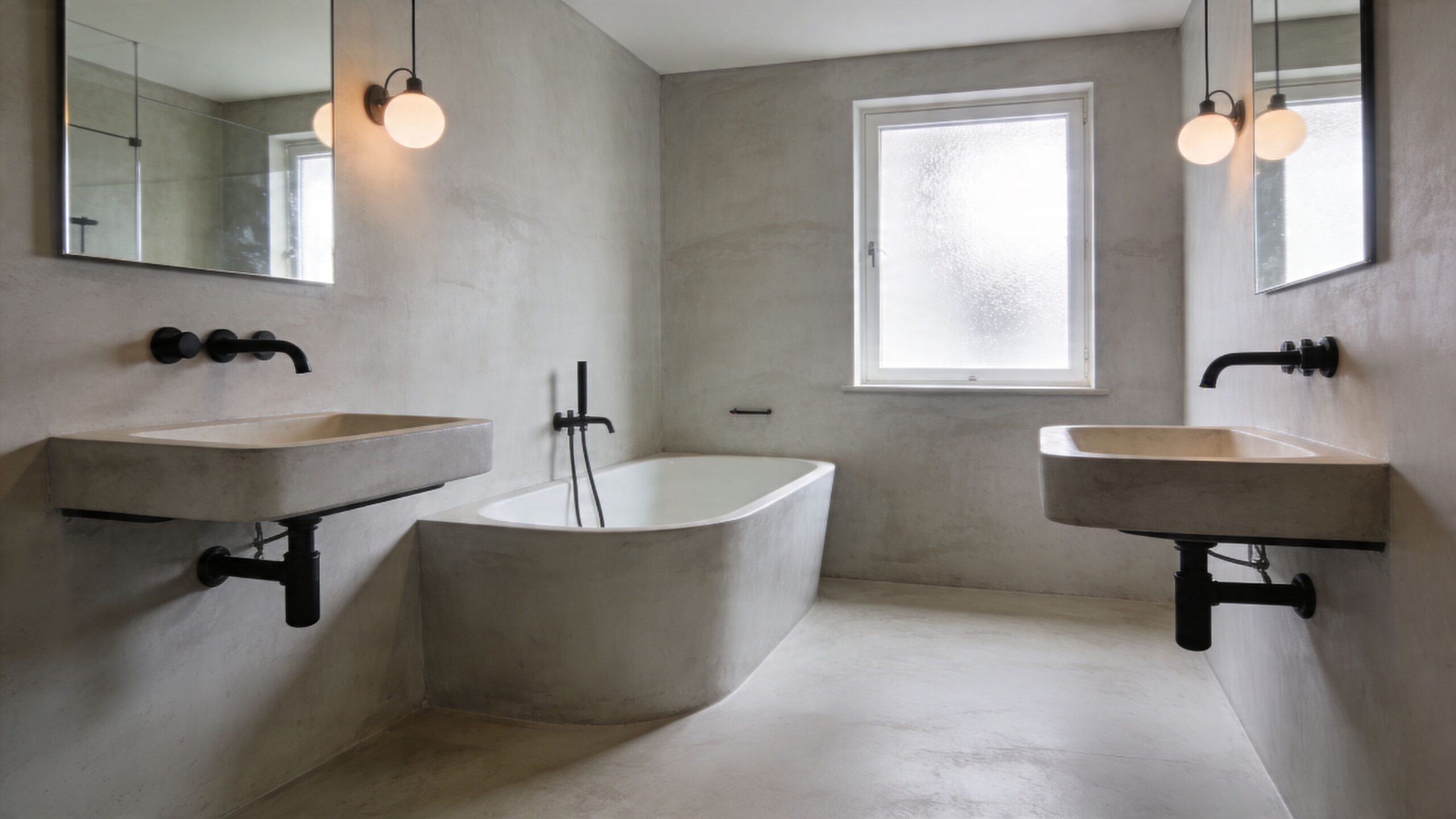 Moderne badeværelse med to betonvaske, et fritstående badekar og rå vægge i et minimalistisk design.