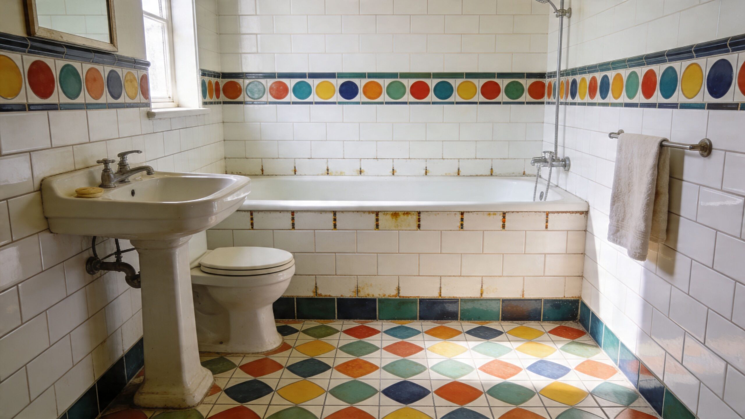 Et badeværelse med retro fliser i farverige mønstre på vægge og gulv, samt hvidt badekar og håndvask.