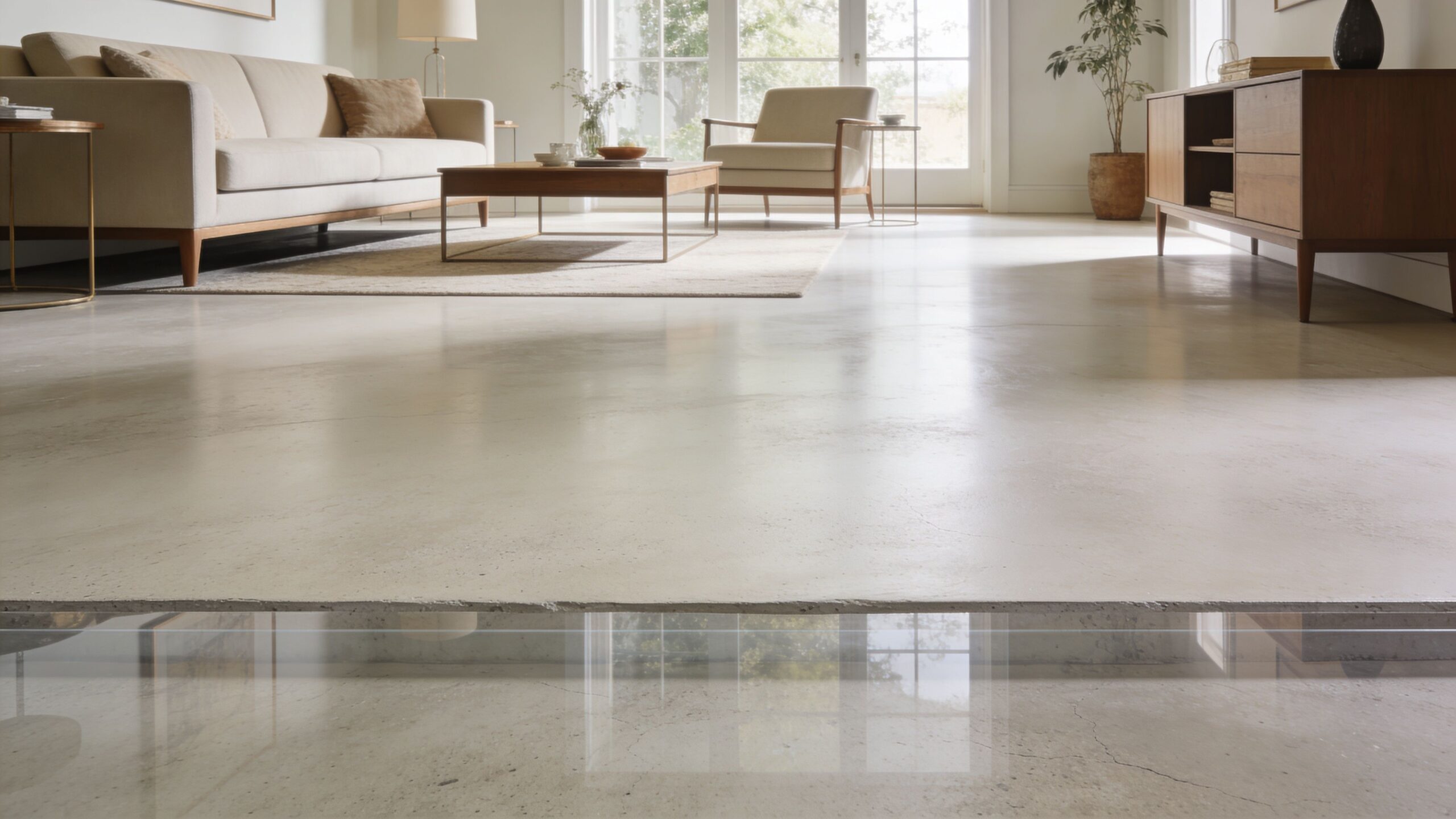 Moderne stue med glat poleret betongulv, elegant sofa, lænestol og træmøbler i et lyst skandinavisk interiør.