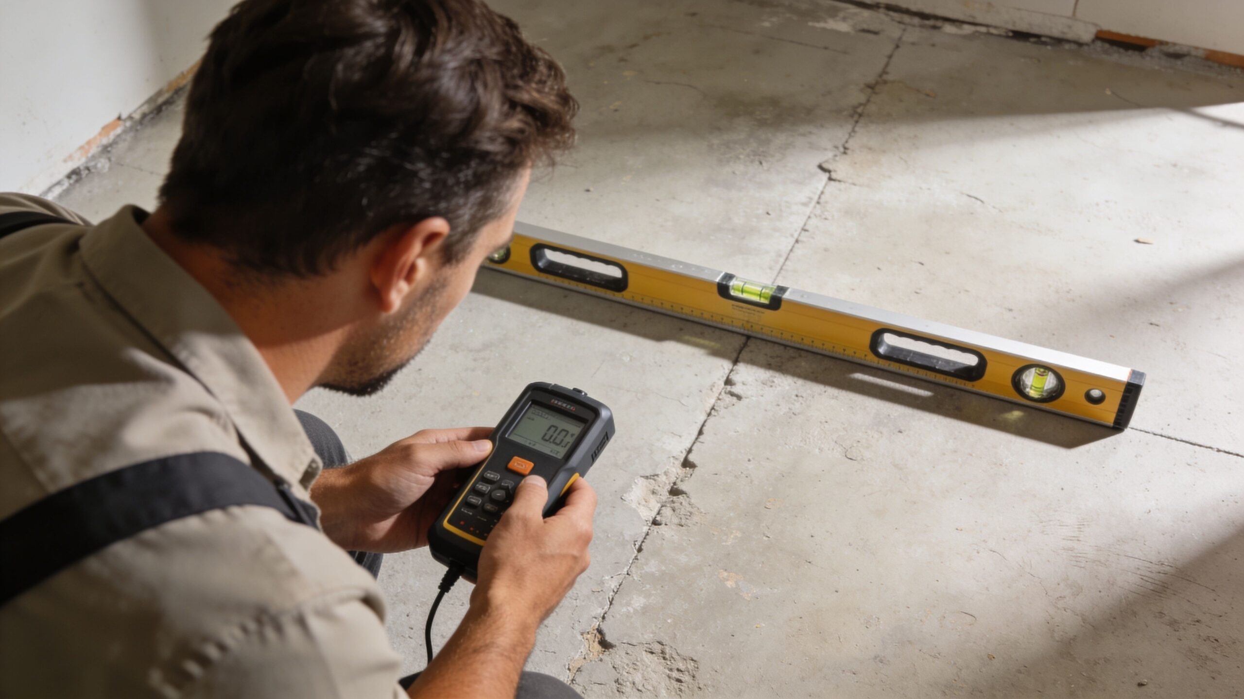 En håndværker inspicerer et betongulv med et måleværktøj og et vaterpas for at sikre korrekt nivellering.