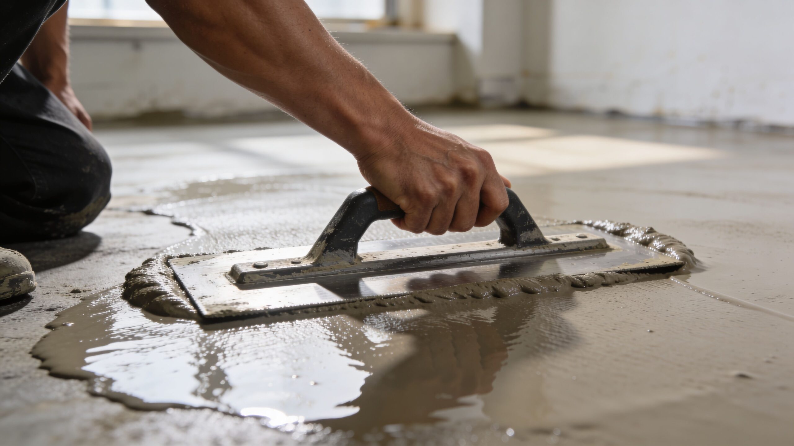 En håndværker arbejder koncentreret på at udjævne selvnivellerende gulvmasse med et glattebræt for en jævn overflade.