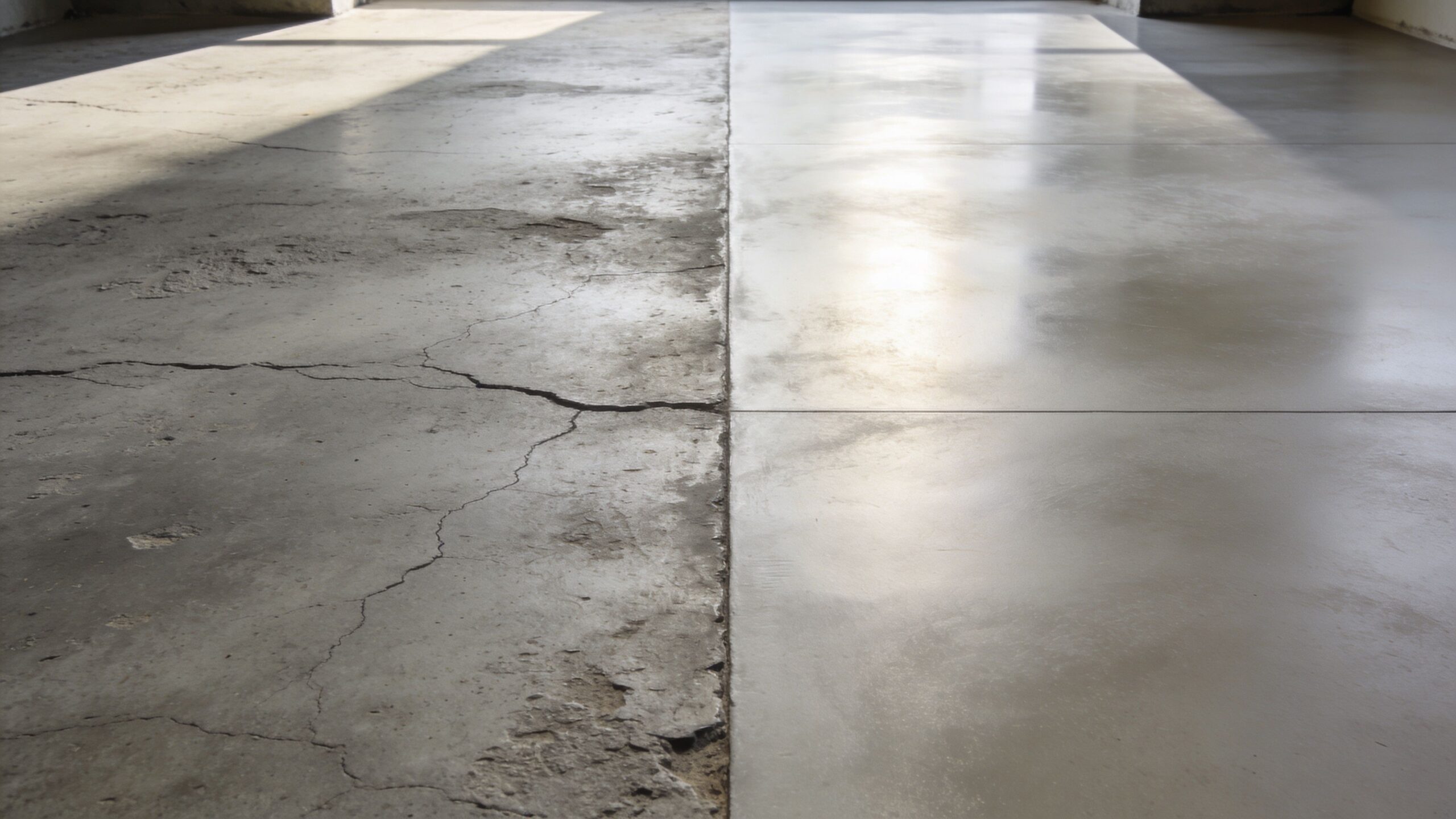 Før og efter sammenligning af et betongulv, der viser forskellen mellem slidt beton og nypoleret overflade.