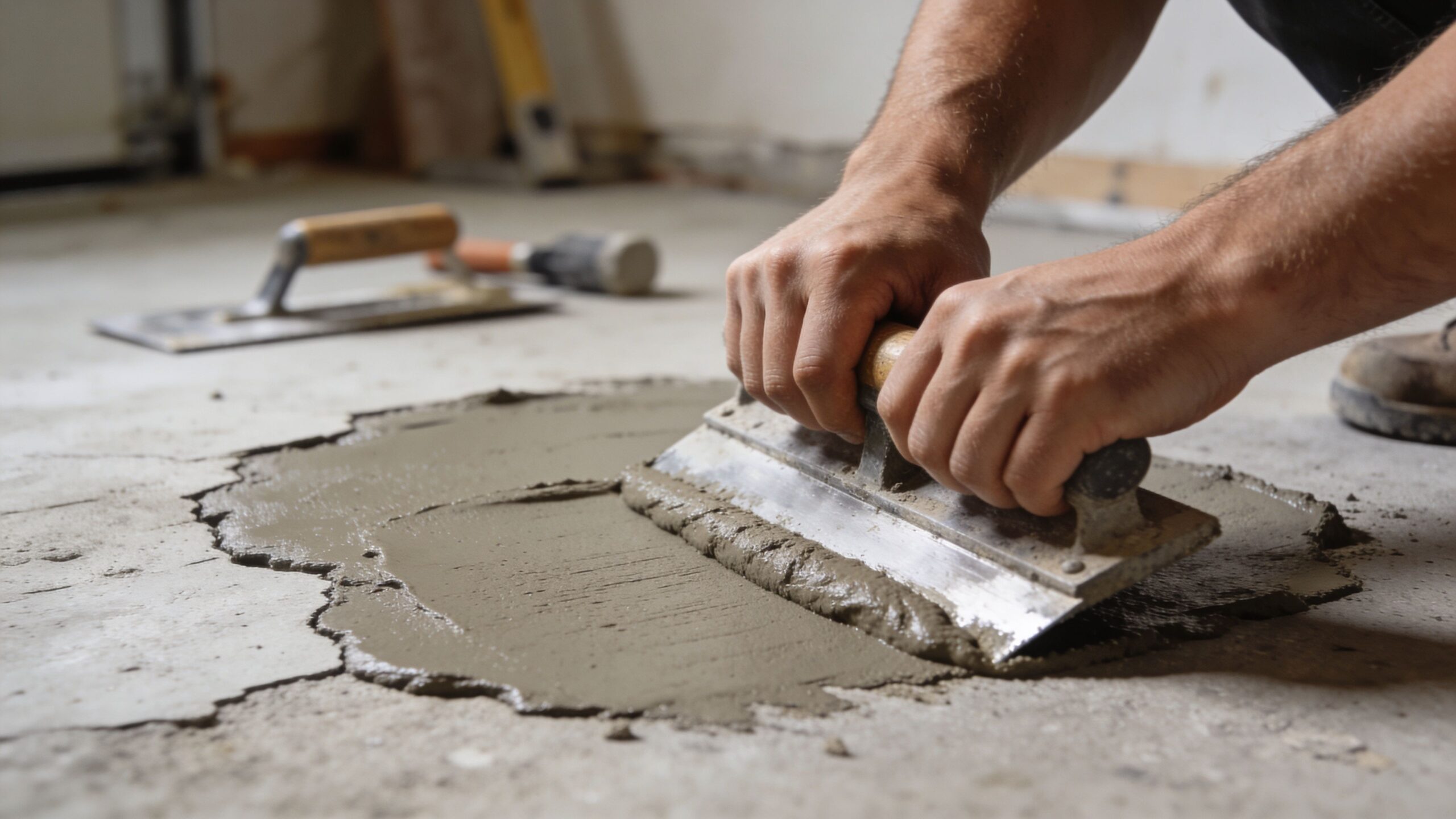 En håndværker arbejder med at reparere og udjævne et betongulv ved hjælp af en spartel og betonmørtel.